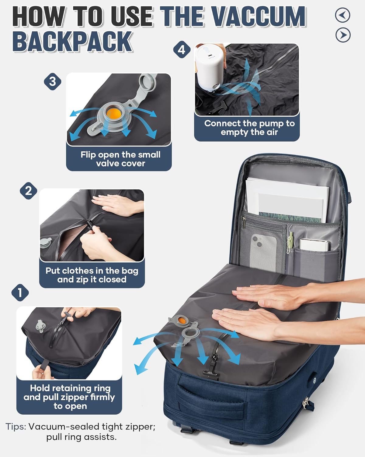 Vacuum Backpack Travel with Pump,Travel Backpack with Vacuum System, Shoe Compartment,Flight Approved 18x14x8 inches,Carry on Personal item Laptop Work Backpacks,Sapphire Blue
