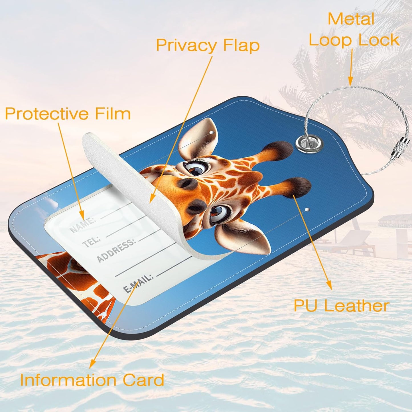 3 Pack Luggage Tags for suitcases Cute Giraffe Leather Luggage Tag, Identifiers with Privacy Name ID Label and Metal Loop for Men Women Travel Bag Suitcase