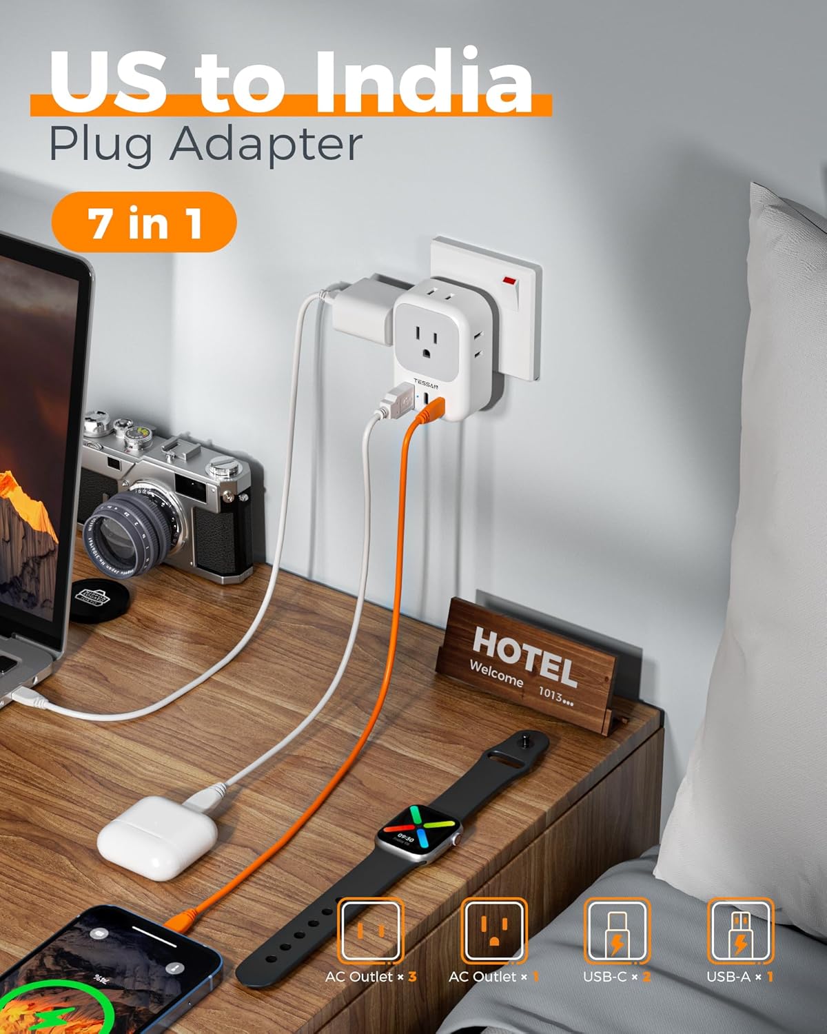 TESSAN US to India Plug Adapter, Type D Travel Adapter with 4 Outlets 3 USB (2 USB-C), Power Adaptor for USA to India Nepal Maldives Pakistan Bangladesh Sri Lanka Bhutan Yemen