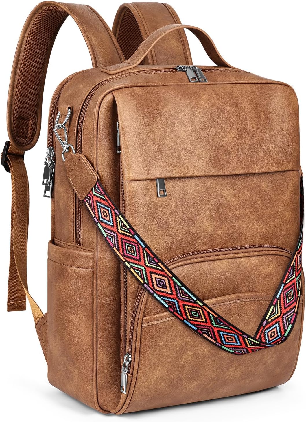Leather Laptop Backpack for Women, 15.6 Inch Business Computer Bag, Designer College Backpack Travel Backpack with Colorful Shoulder Bag Strap Mocha Brown