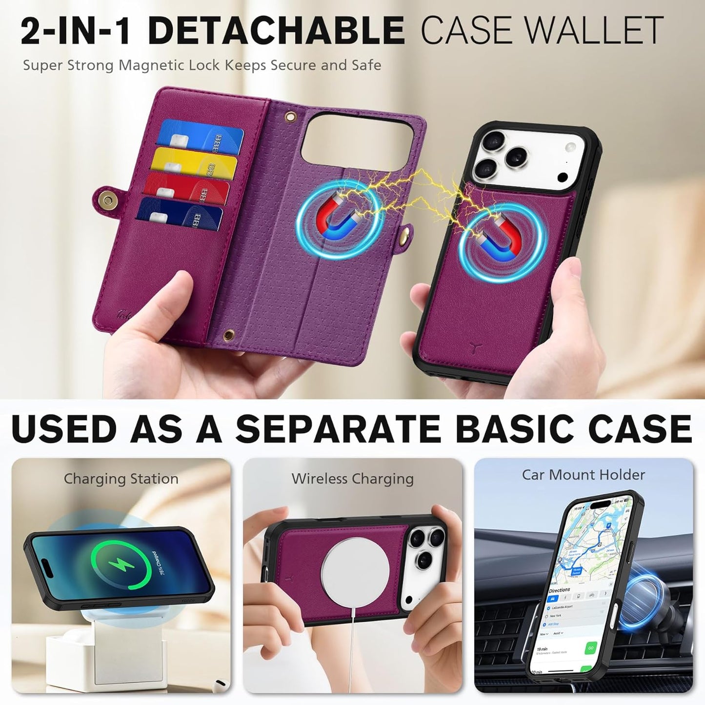 TUCCH Crossbody Detachable Wallet Case for iPhone 17 Pro Max 6.9", 10 Card Holders RFID Blocking, Wireless Charging, Stand Wrist Strap, Lanyard, Zipper Pocket, PU Leather Shockproof Cover, Plum Purple
