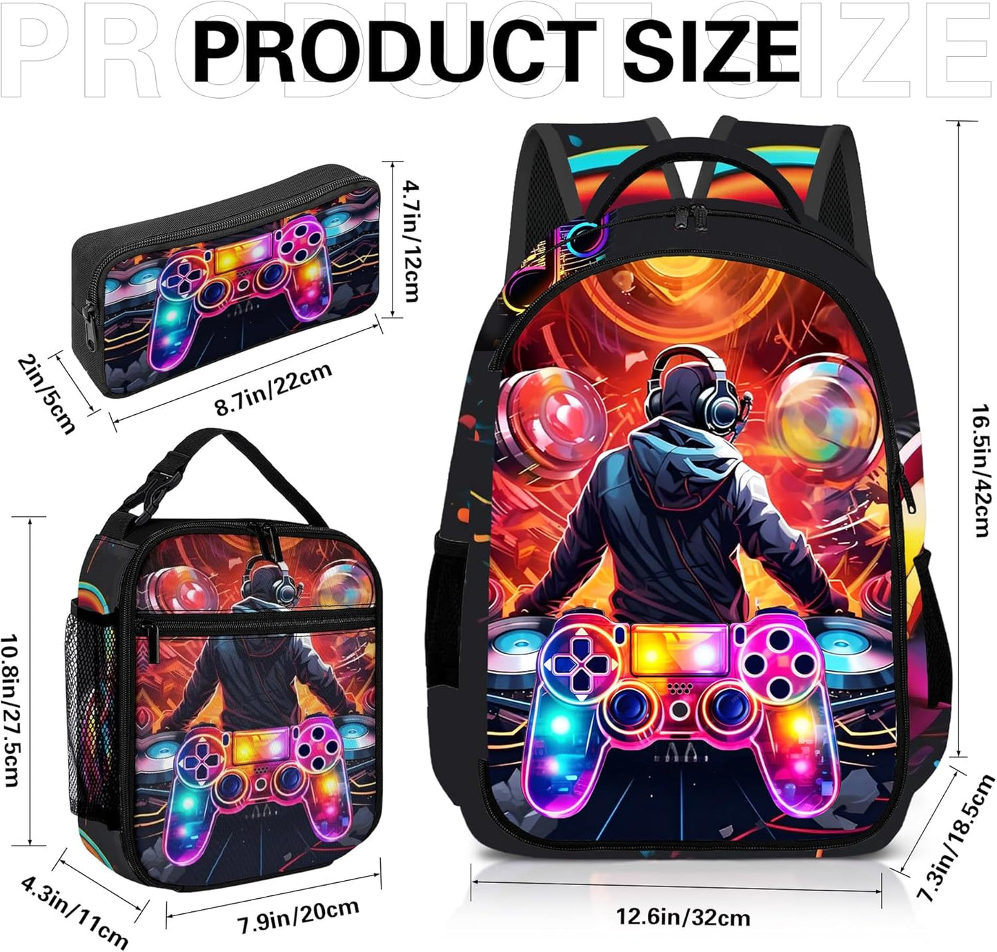Game Backpack Set for Boys, Gaming Backpack 3 Pack, Boys Lunch Box, and Pencil Bag for Kids, 17"