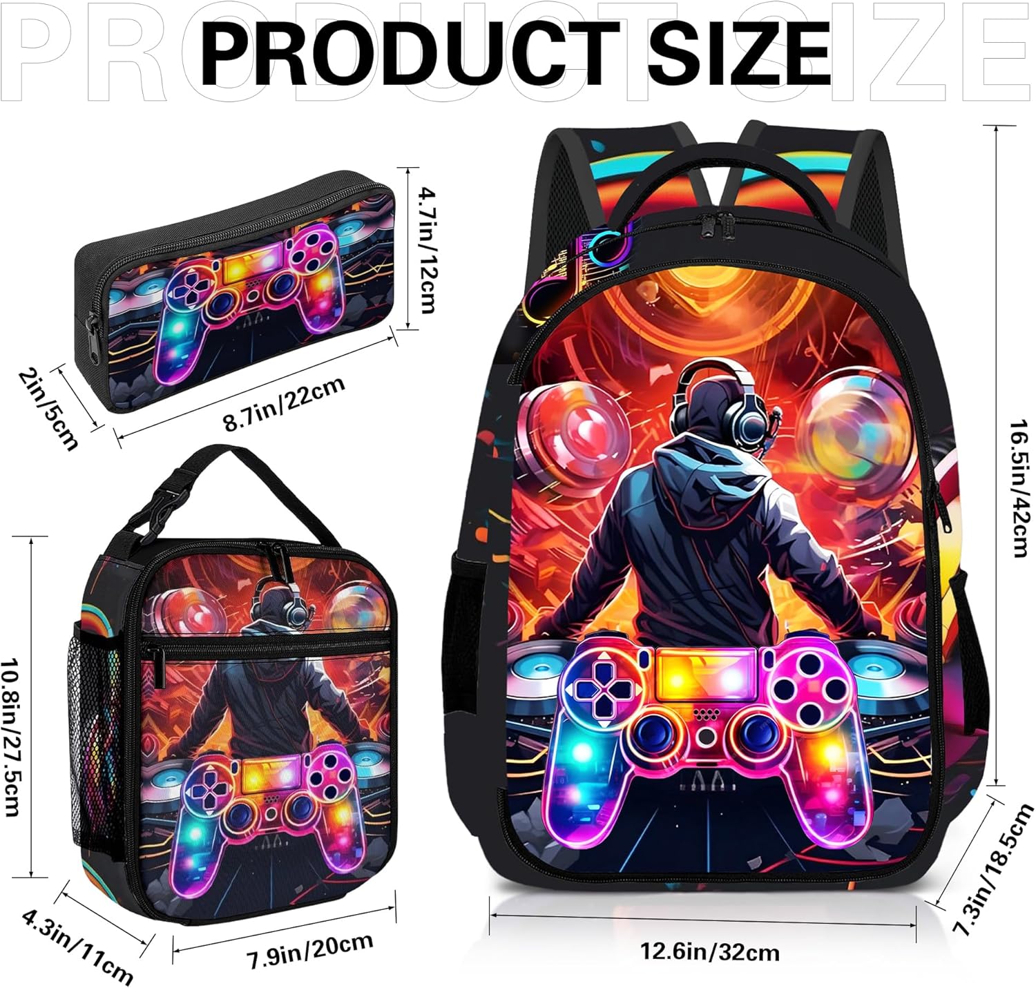 Game Backpack Set for Boys, Gaming Backpack 3 Pack, Boys Lunch Box, and Pencil Bag for Kids, 17"