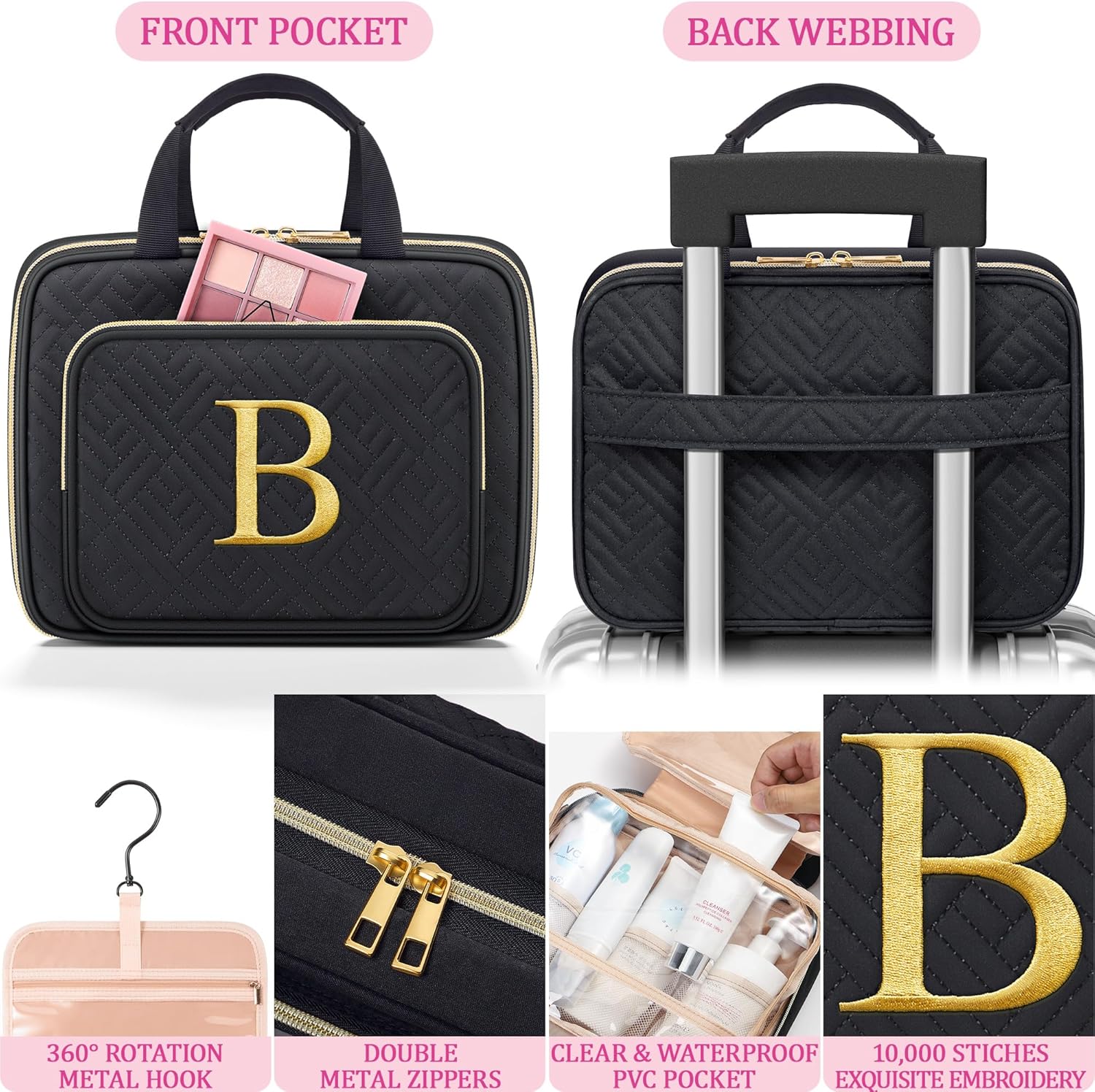 Gifts for Women, Initial Toiletry Makeup Bag Hanging Cosmetic Organizer with Embroidery Letter