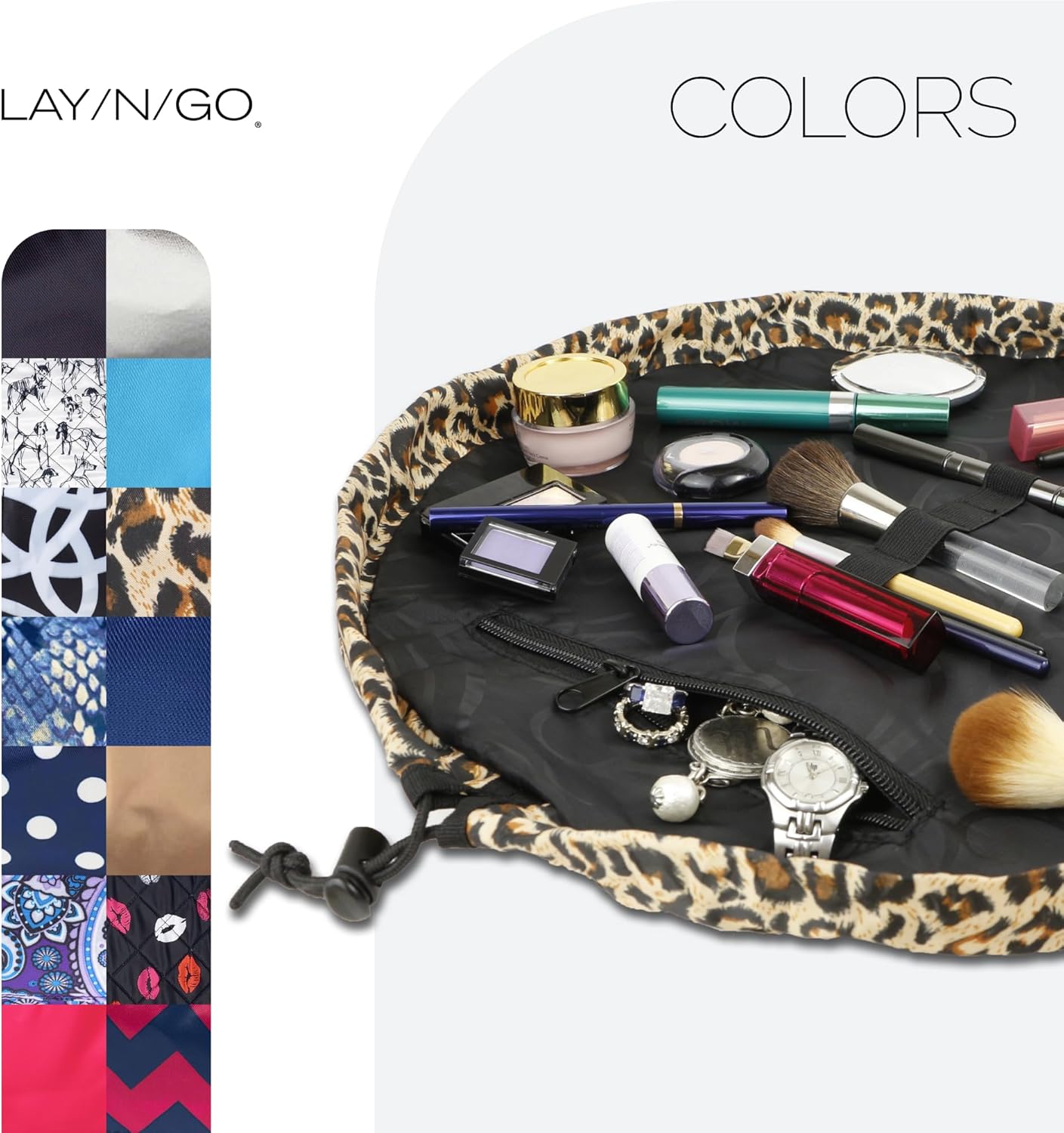 Lay-n-Go Cosmo Layflat Drawstring Cosmetic & Makeup Bag Organizer w/Zipper Pocket, Brush Loops &