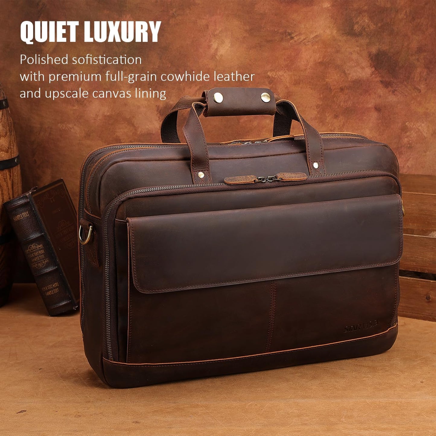 STAR VISTA Matteo Pro Large 18" Laptop Messenger Bag, Full Grain Leather Briefcase for Men, Business Travel, YKK Zippers and Brass Hardware, Fits 17.3" Laptop, Dark Brown