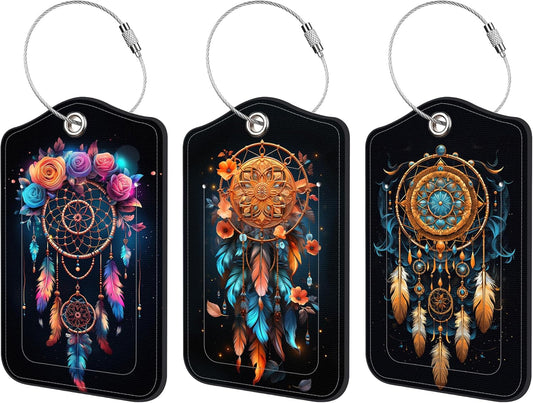 Luggage Tags for Suitcase 3 PCS Dream Catcher Leather Travel Luggage Tag with Stainless Steel Loop Name ID Label Privacy Cover for Women Men Travel