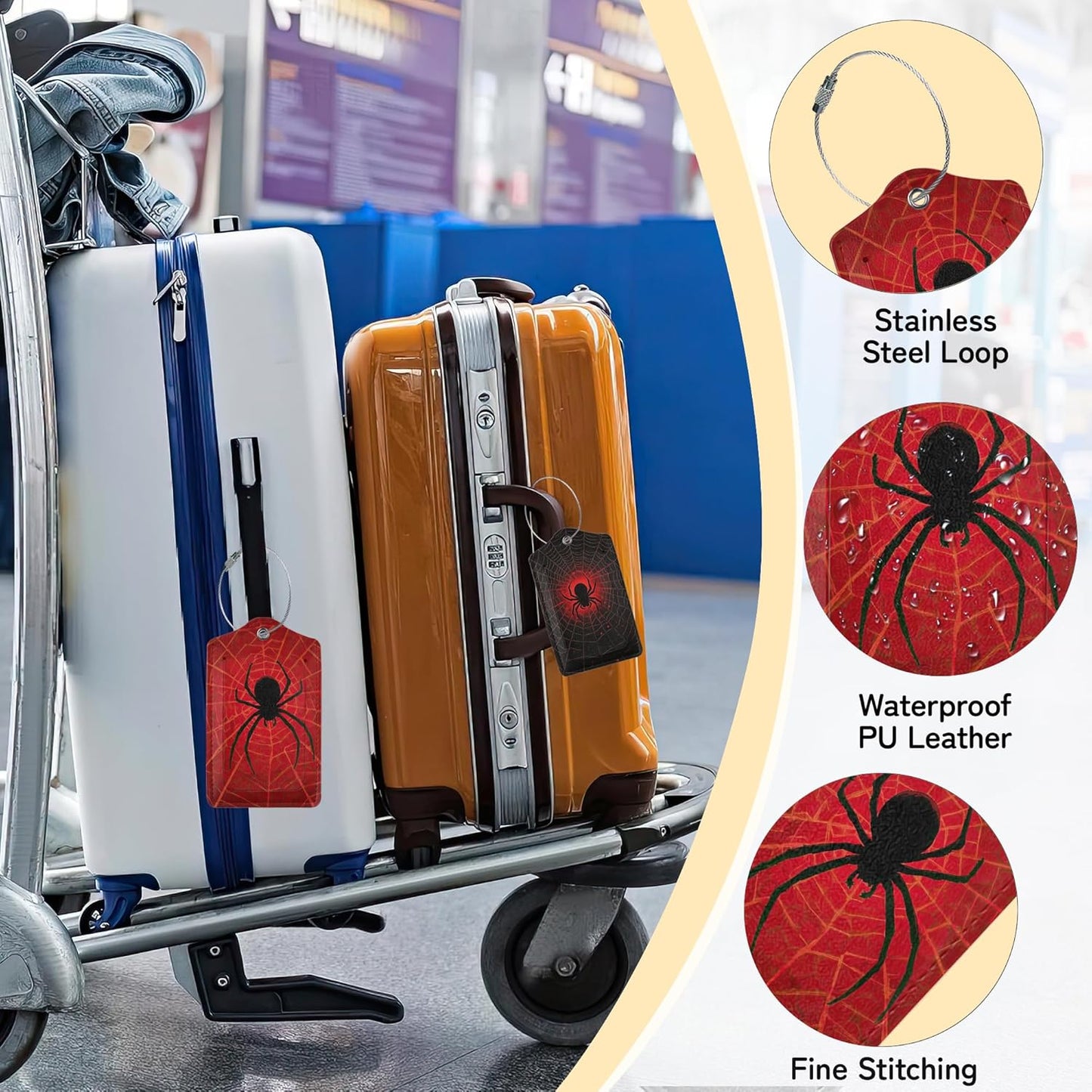 Red Spider Web Luggage Tag for Suitcase,Design with Privacy Flap Name ID Label Metal Loop, 3 Pack