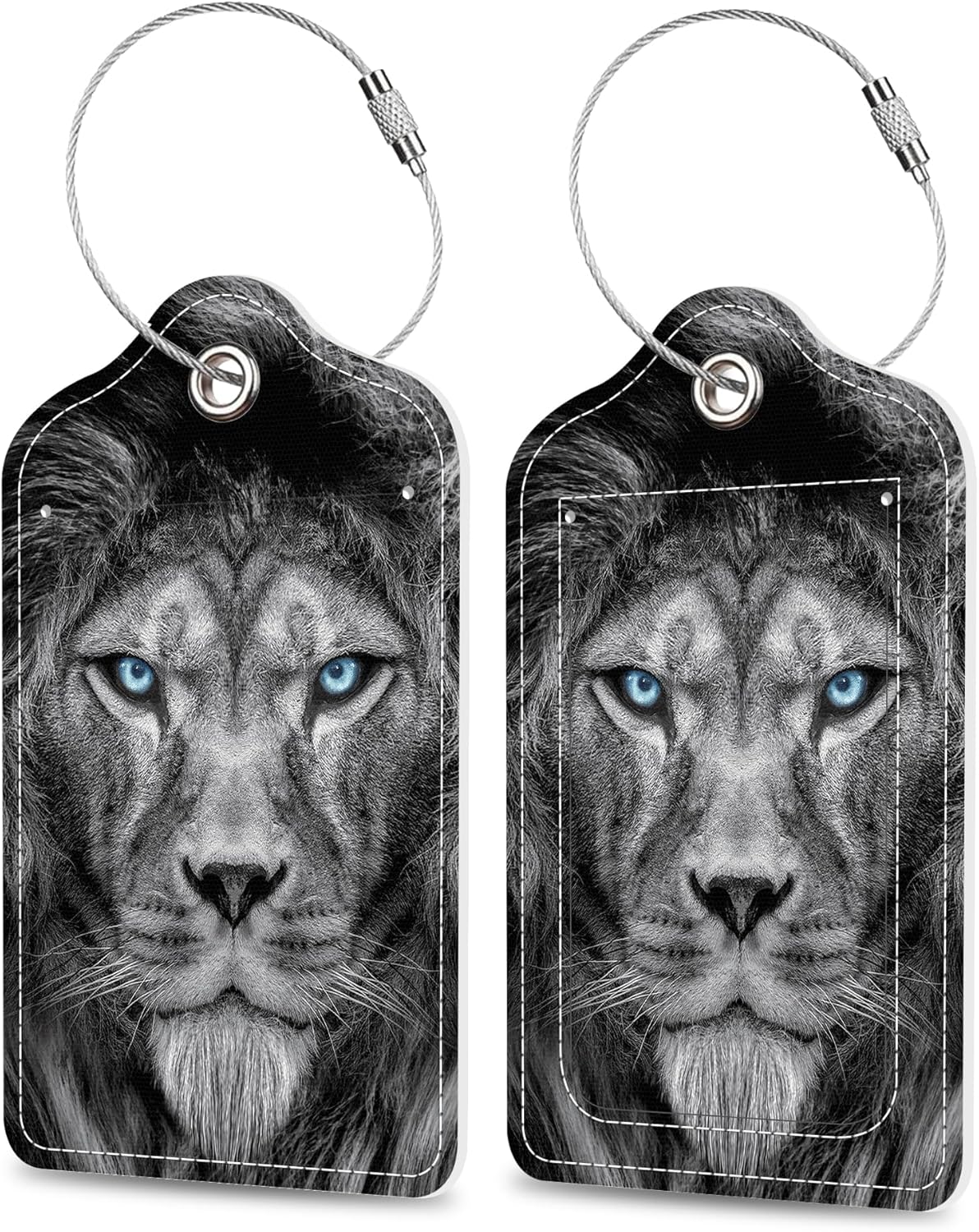Set of 2 Luggage Tags Fierce Lion with Glowing Blue Eyes Leather Suitcases Tag with Privacy Cover Stainless Steel Loop and Address Card for Women Men Travel