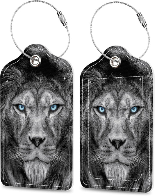 Set of 2 Luggage Tags Fierce Lion with Glowing Blue Eyes Leather Suitcases Tag with Privacy Cover Stainless Steel Loop and Address Card for Women Men Travel