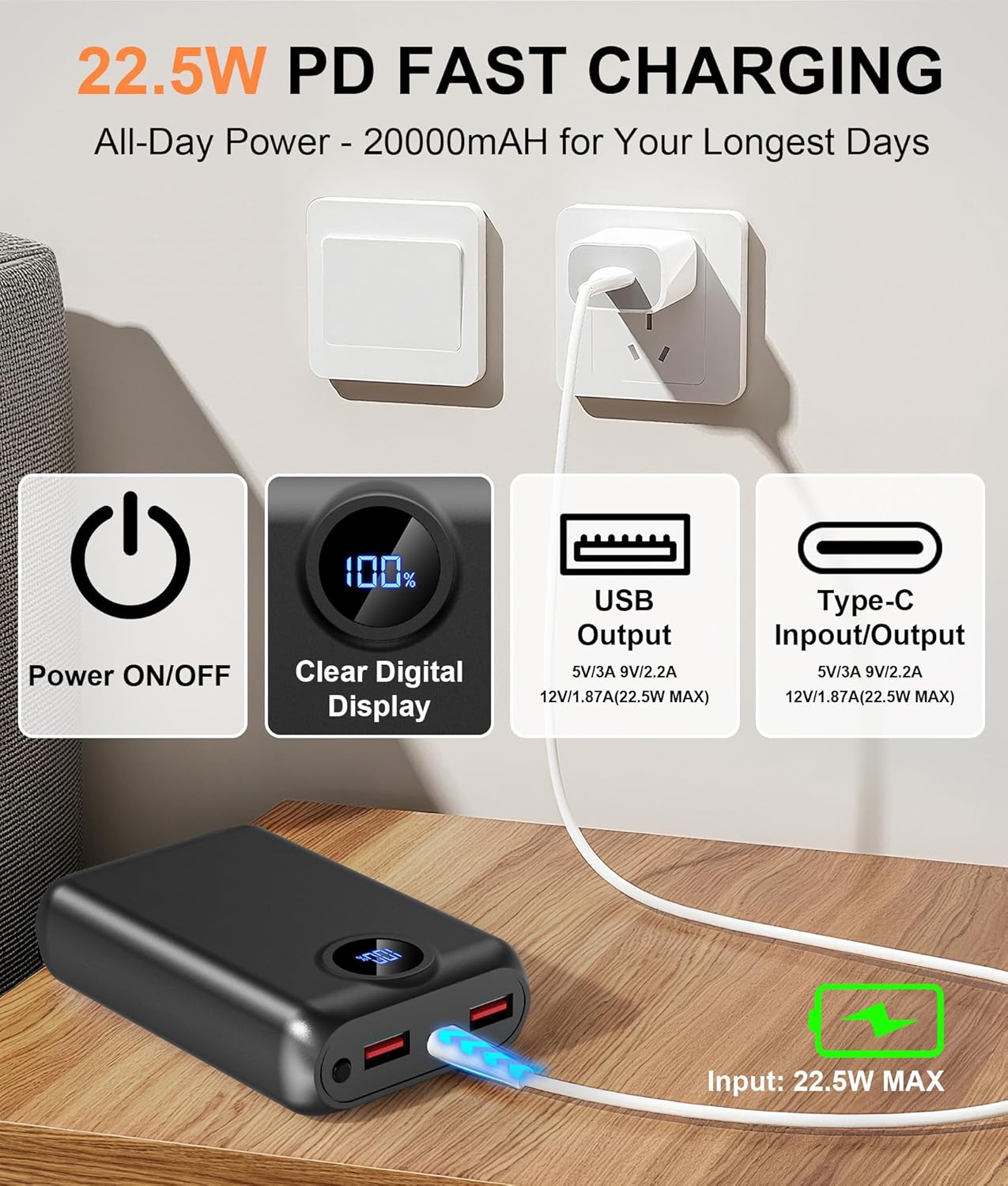 𝟓𝐕 𝟐𝟎𝟎𝟎𝟎𝐦𝐀𝐡 Heated Vest Battery Pack Compatible with Soleilwear USB Apparel, Portable Power Bank for Heated Vests Hoodies, Phones, Camping Chair with Digital Screen (NOT for DC 7.4V/12V)