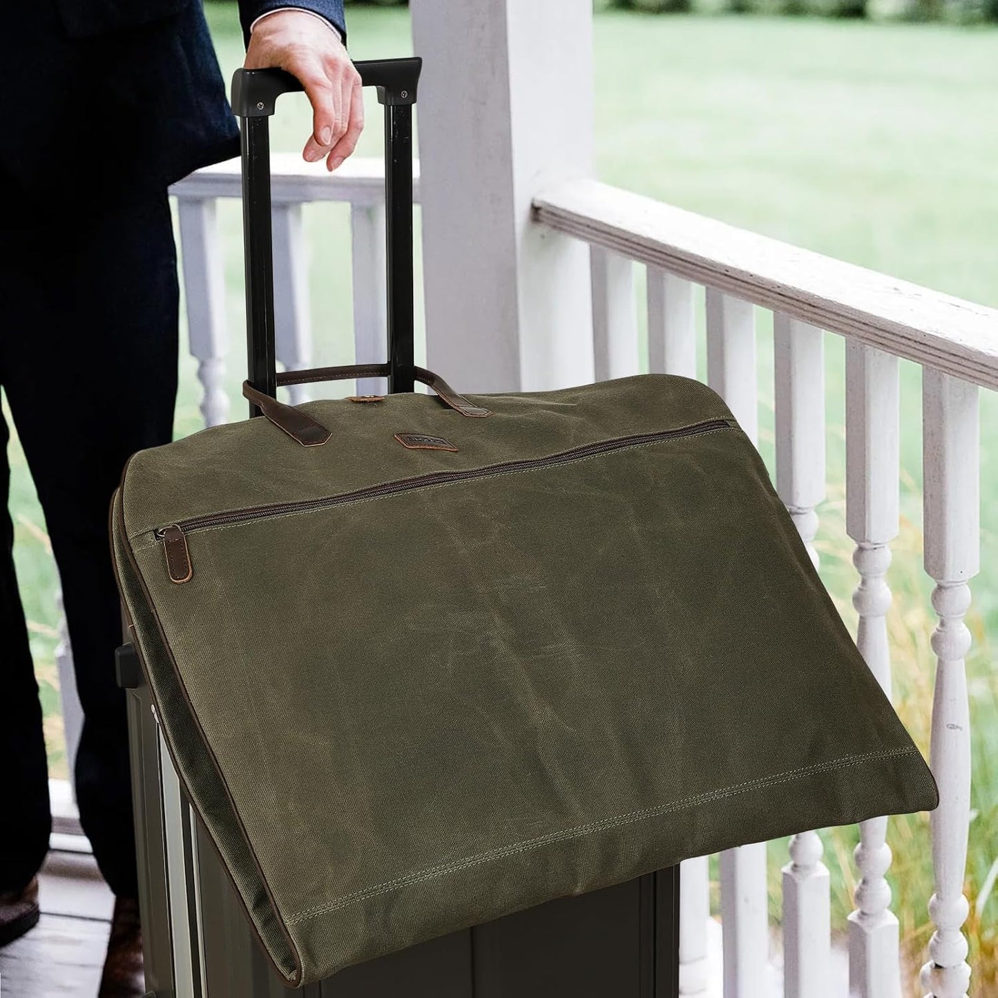 Polare 43” Waxed Canvas Full Grain Leather Trim Carry On Garment Bag for Travel, Waterproof Dust-Proof Foldable Hanging Suitcase Weekender Garment Cover with YKK Zipper (Army Green)
