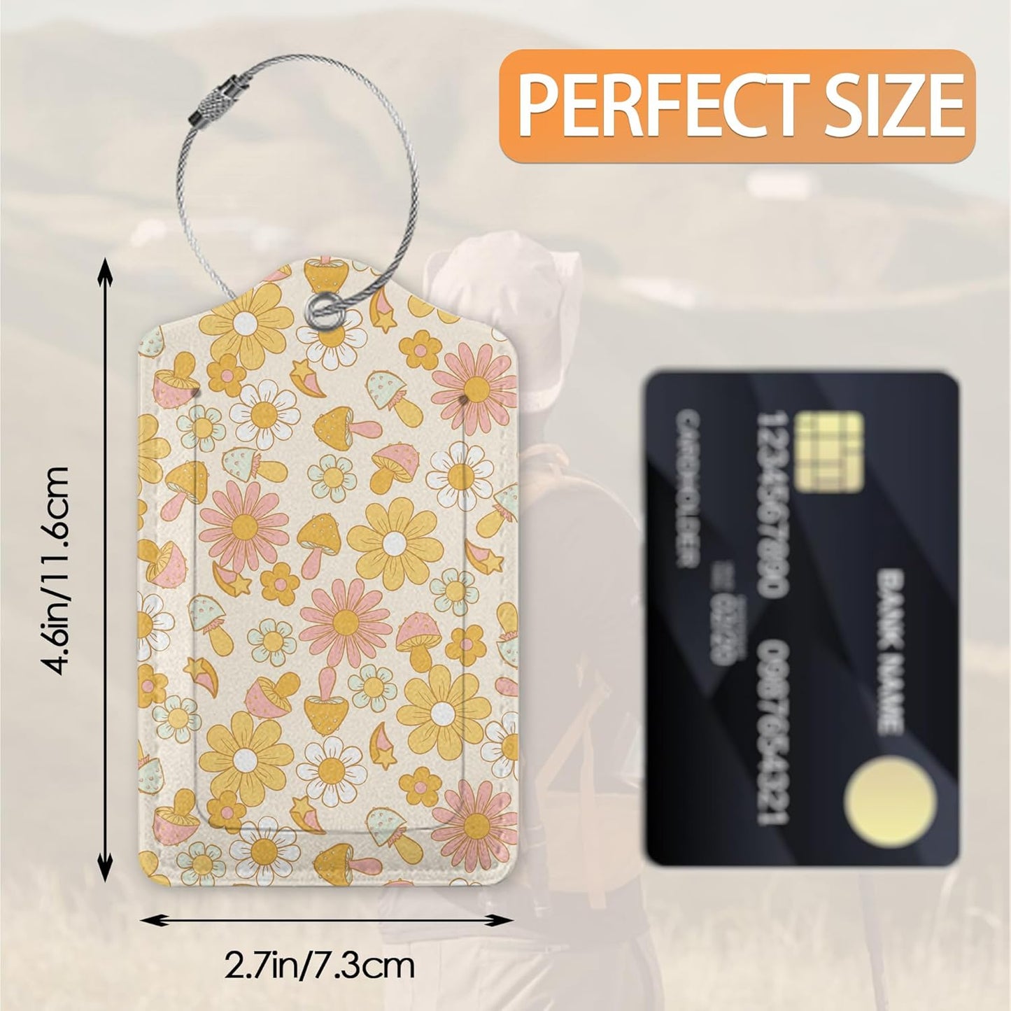 2 Pcs Luggage Tag for Suitcases,Retro Groovy Floral Mushrooms Leather Baggage Tags Identifiers for Travel, Privacy Protection Travel Bag Labels Flowers Suitcase Tags for Women Men