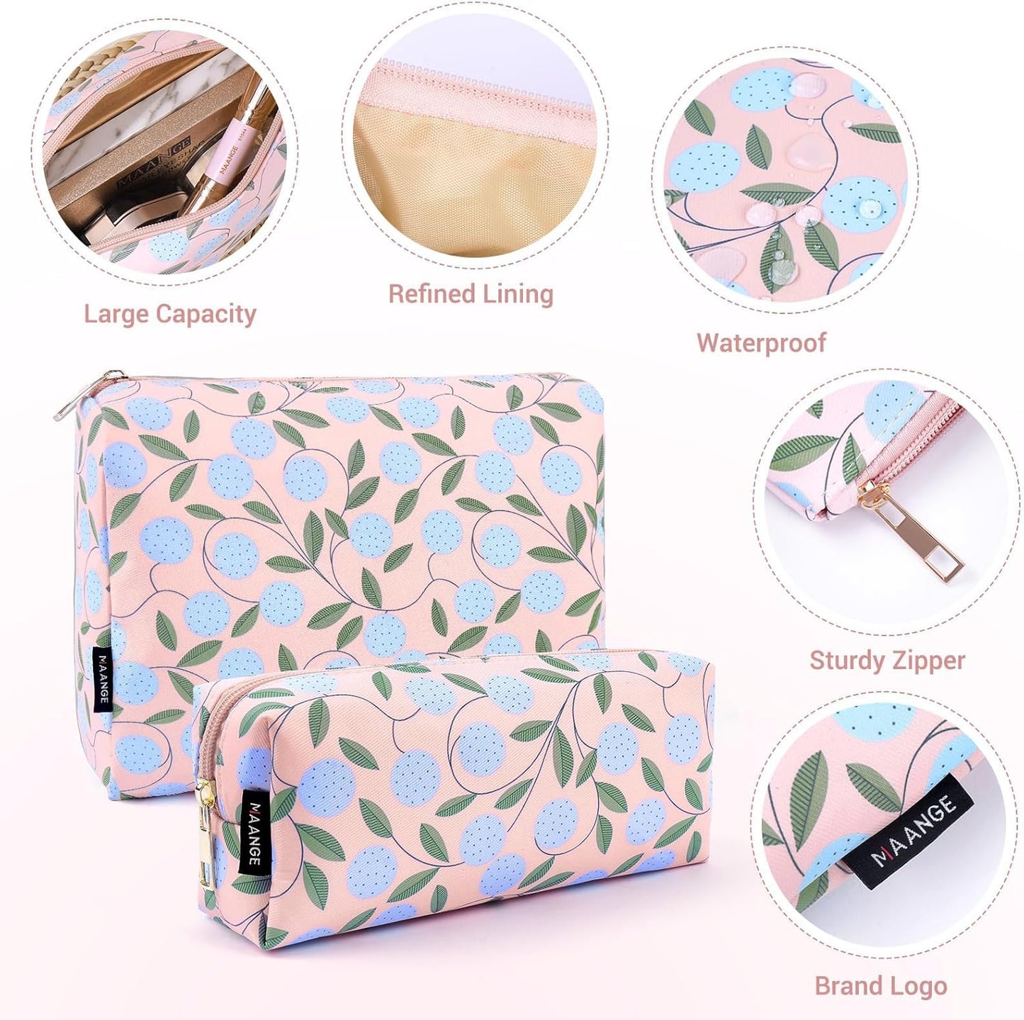 MAANGE 2PCS Makeup Bag for Women, Cosmetic Bag Set, Portable Travel Makeup Bag, Bolsa de Maquillaje, Impermeable Oxford Cloth Make Up Organizer with Gold Zipper(Pink Plants)