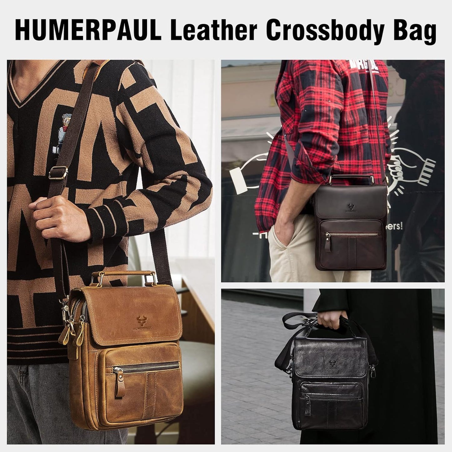 Leather Messenger Bag for Men, Shoulder Crossbody Bag with Adjustable Straps for Work Business