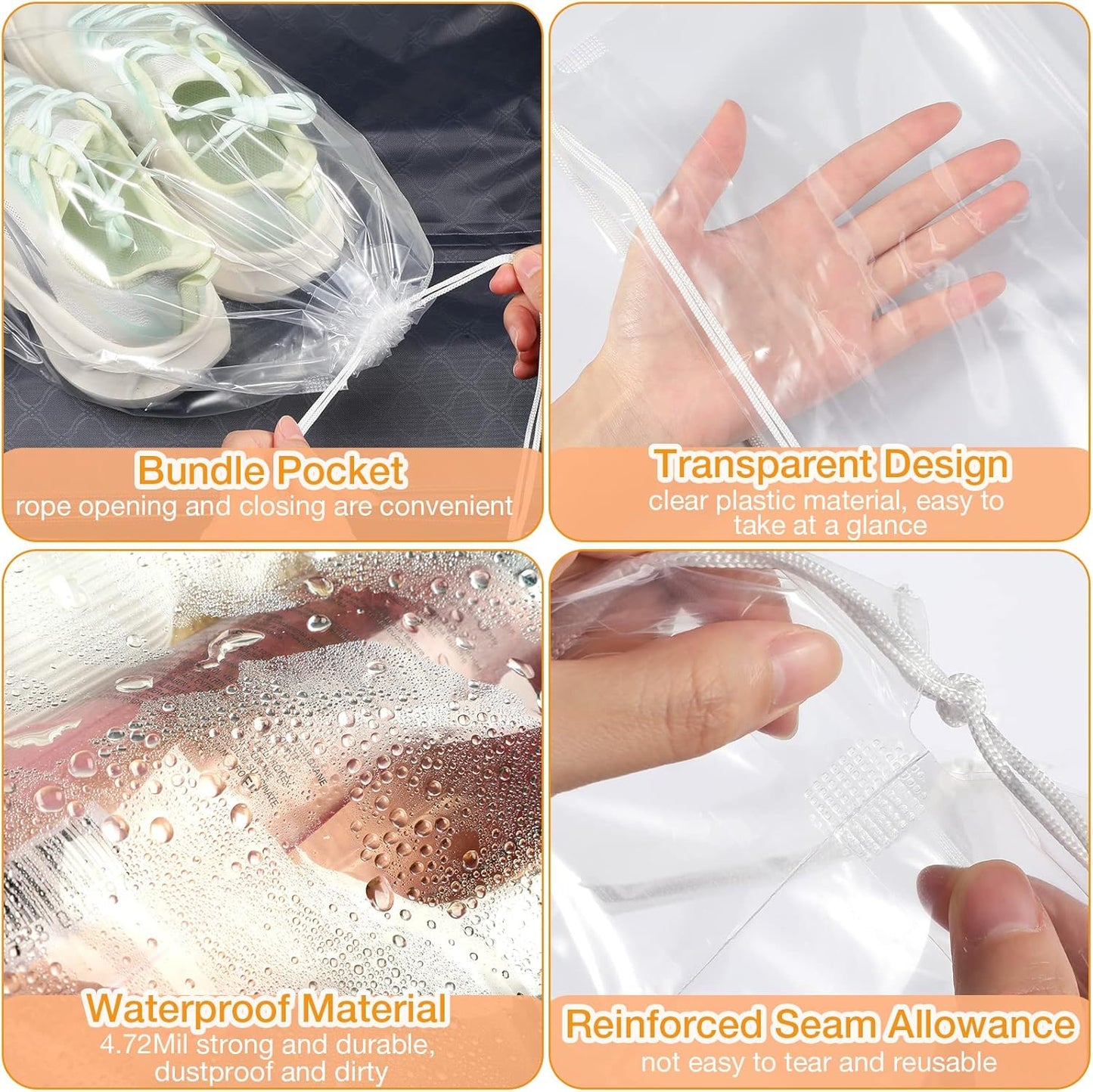 Thenshop 100 Pieces Plastic Shoe Bags for Travel Large Clear Drawstring Bags 12 x 16 Inch Travel Shoe Organizers Thick Waterproof Storage Portable Pouch with Rope for Slipper Men Women
