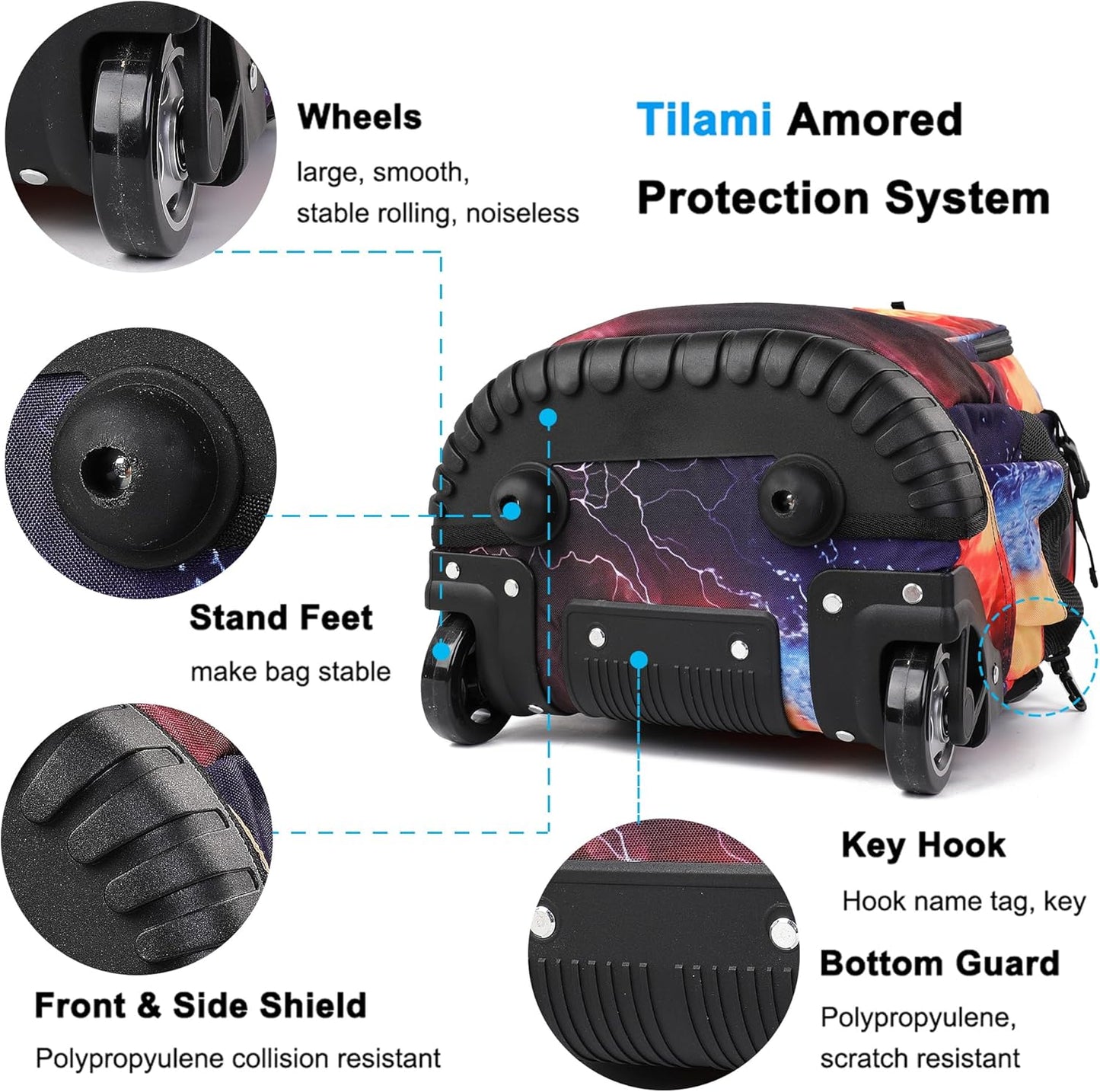 Tilami Rolling Backpack 19 inch with Lunchbox Wheeled Laptop Backpack,Rugby Black