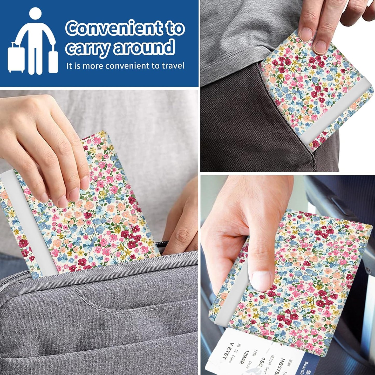 Passport Holder for Travel Essentials, Leather RFID Blocking Passport Wallet Cover Case, Cute Passport Book Holders for Women and Men Colorful Boho Flowers