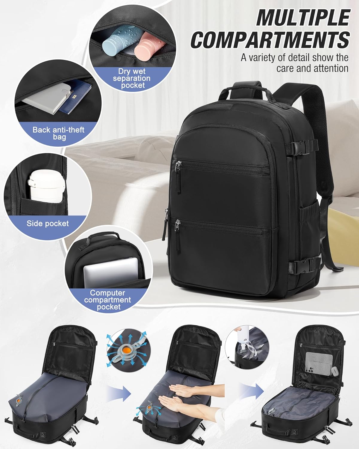 Vacuum Backpack Travel with Pump, Large 18×14×8 Personal Item Travel Bag with Vacuum Seal System Frontier Approved, Mochila al Vacio Para Mujer, 16" Laptop Backpacks for Men, Black