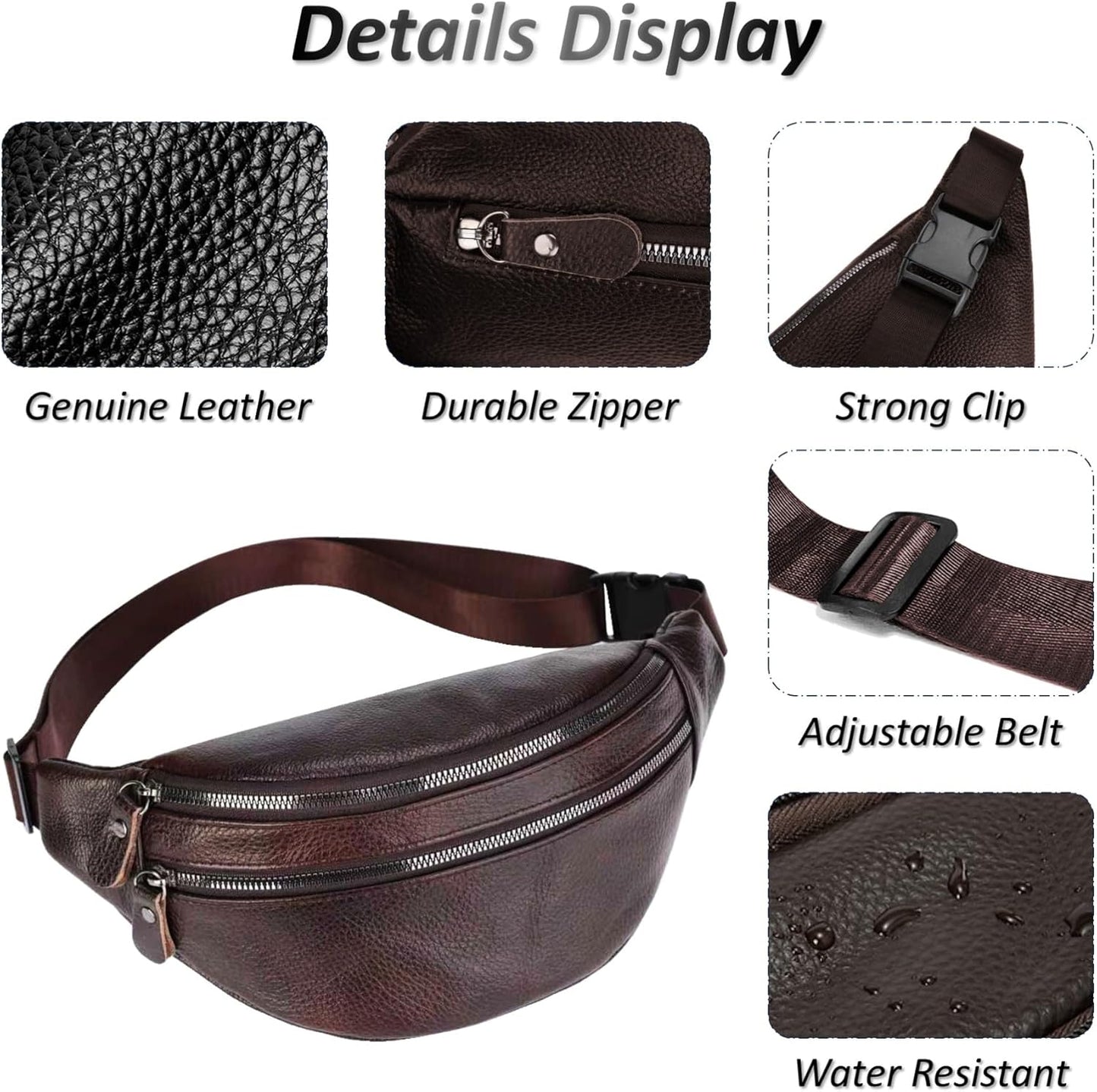 Genuine Leather Waist Bag, Outdoor Travel Waist Pack, Cowhide Leather Fanny Pack with Adjustable