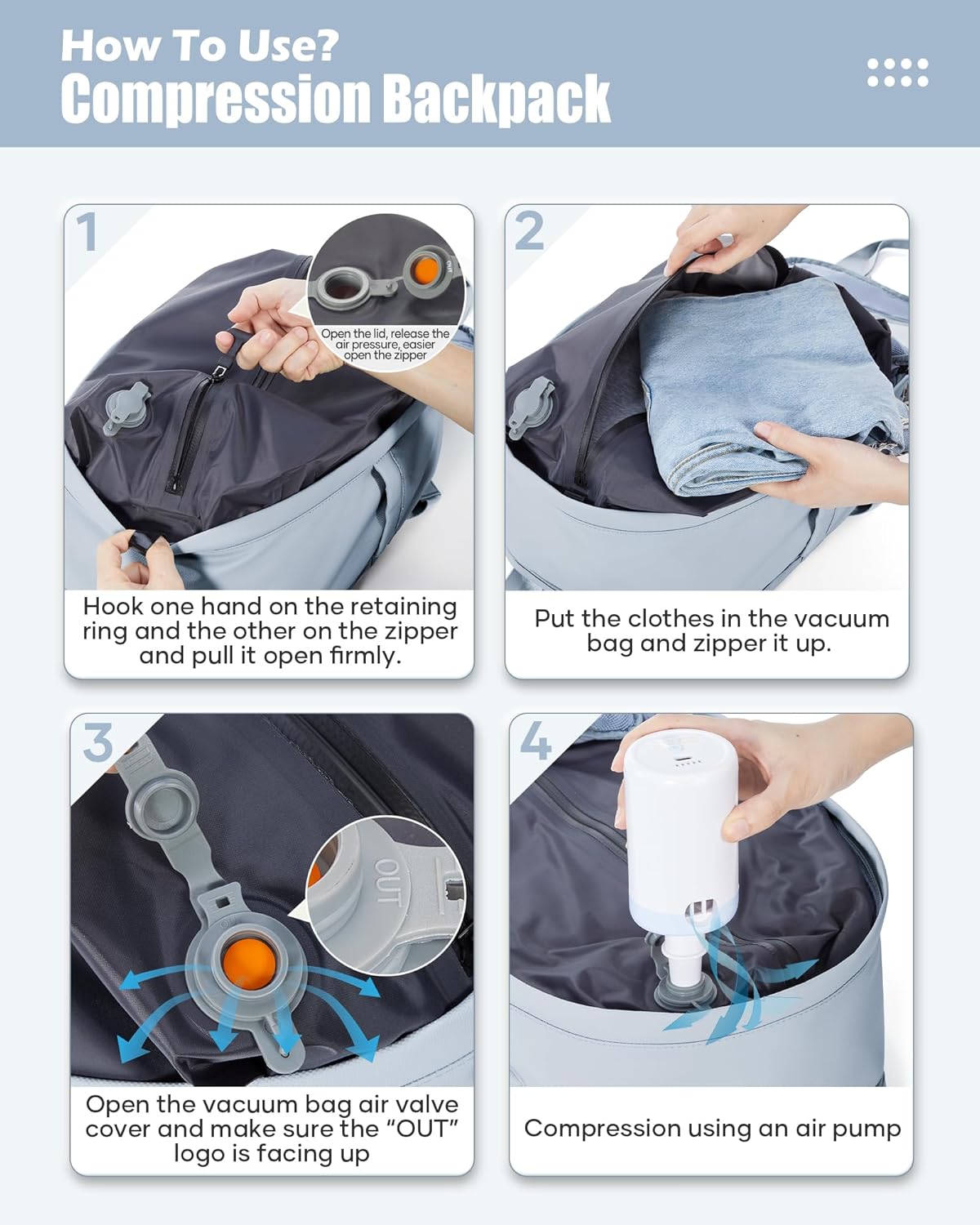 Vacuum Travel Backpack with Pump,Personal Item Carry on Backpacks Flight Approved 18x14x8 inches Women,Laptop Waterproof Work Compression bags hiking Casual Daypack blue