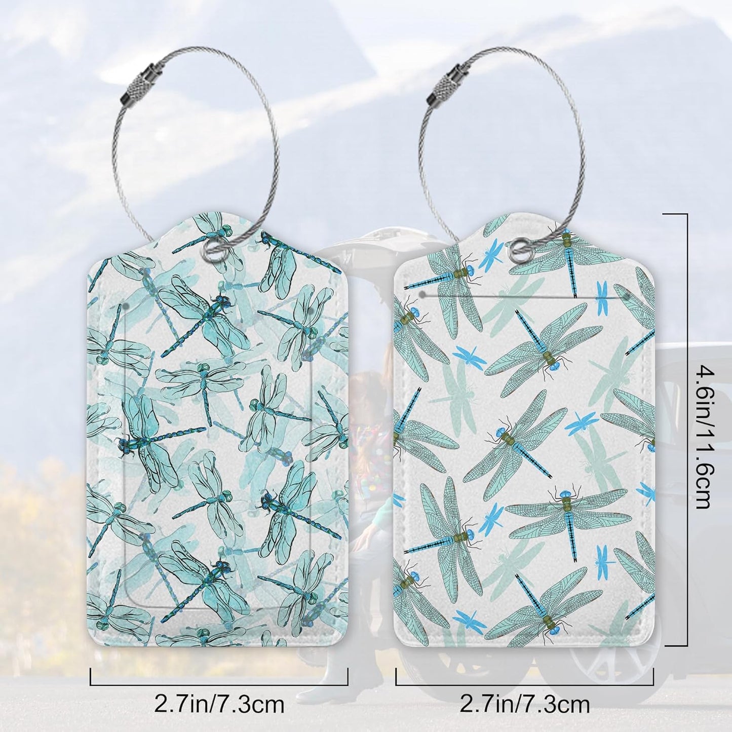 Watercolor with Elegant Dragonfly Luggage Tags for Suitcases, 2 Pack Cute PU Leather Suitcase Tag Identifiers with Address Card for Baggage Tag