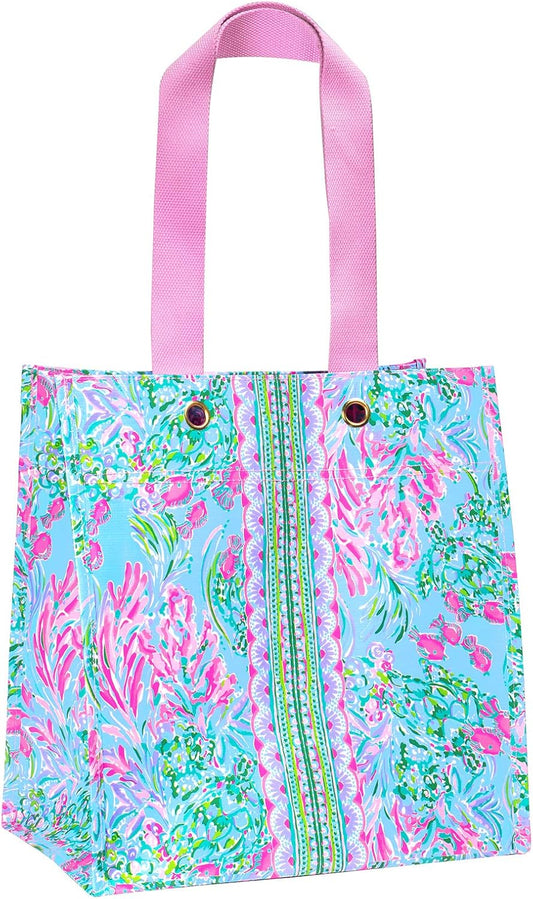 Lilly Pulitzer Pink/Blue Market Shopper Bag, Reusable Grocery Tote with Comfortable Shoulder Straps, Best Fishes