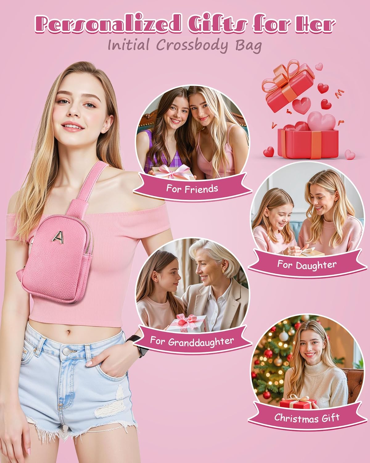 Personalized Gifts for 6 7 8 9 10 11 12 13 14 15 16 17 18 Years Old Teen Girls, Cute Sling Purse for Girls, Handsfree Travel Crossbody Bags, Monogrammed Gift, Cute Trendy Stuff