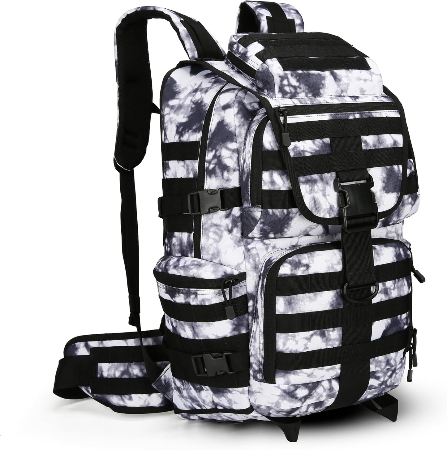 50L Military Tactical Backpack 3 Day Assault Pack Molle Daypack Hiking Backpack for Men and Women (Black white Tie-Dye)