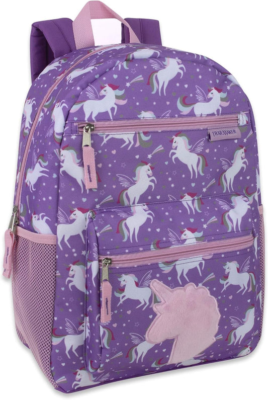 Trail maker 17” Kids Character School Backpacks Plush for Girls with Side Pockets, Padded Straps