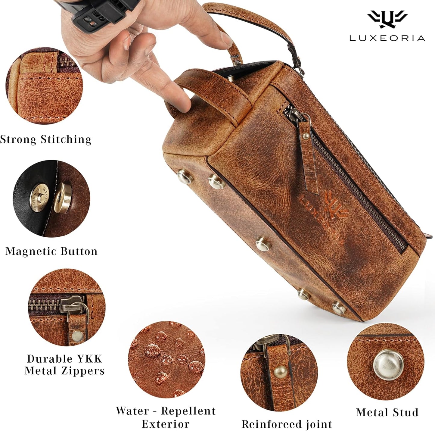 LUXEORIA Genuine Leather Toiletry Bags for Men and Women, Handmade Premium Leather Dopp Kit and Shaving Bag, Cosmetic Bag for Womens and Mens, Travel Essentials & Organizers