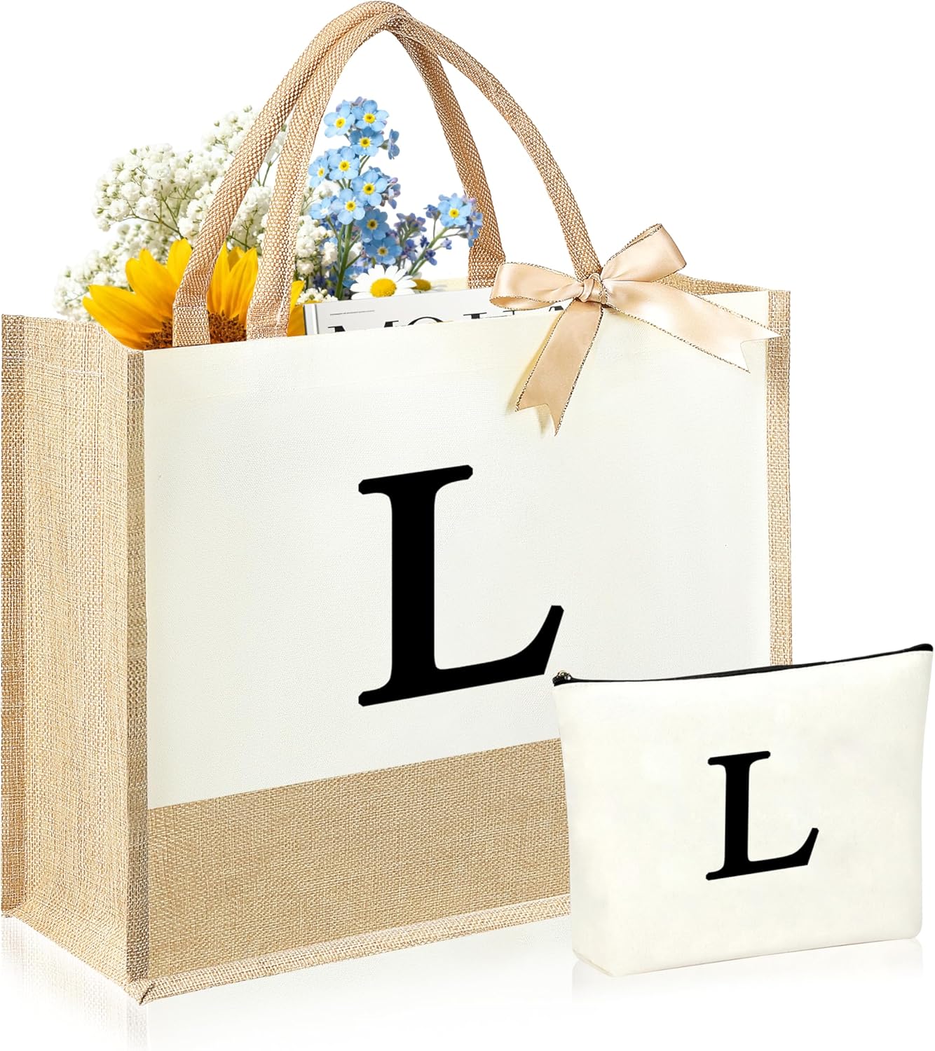 Initial Canvas Tote Bag & Makeup Bag for Women Teacher Bridesmaids，Personalized Present for Wedding, Birthday, Beach