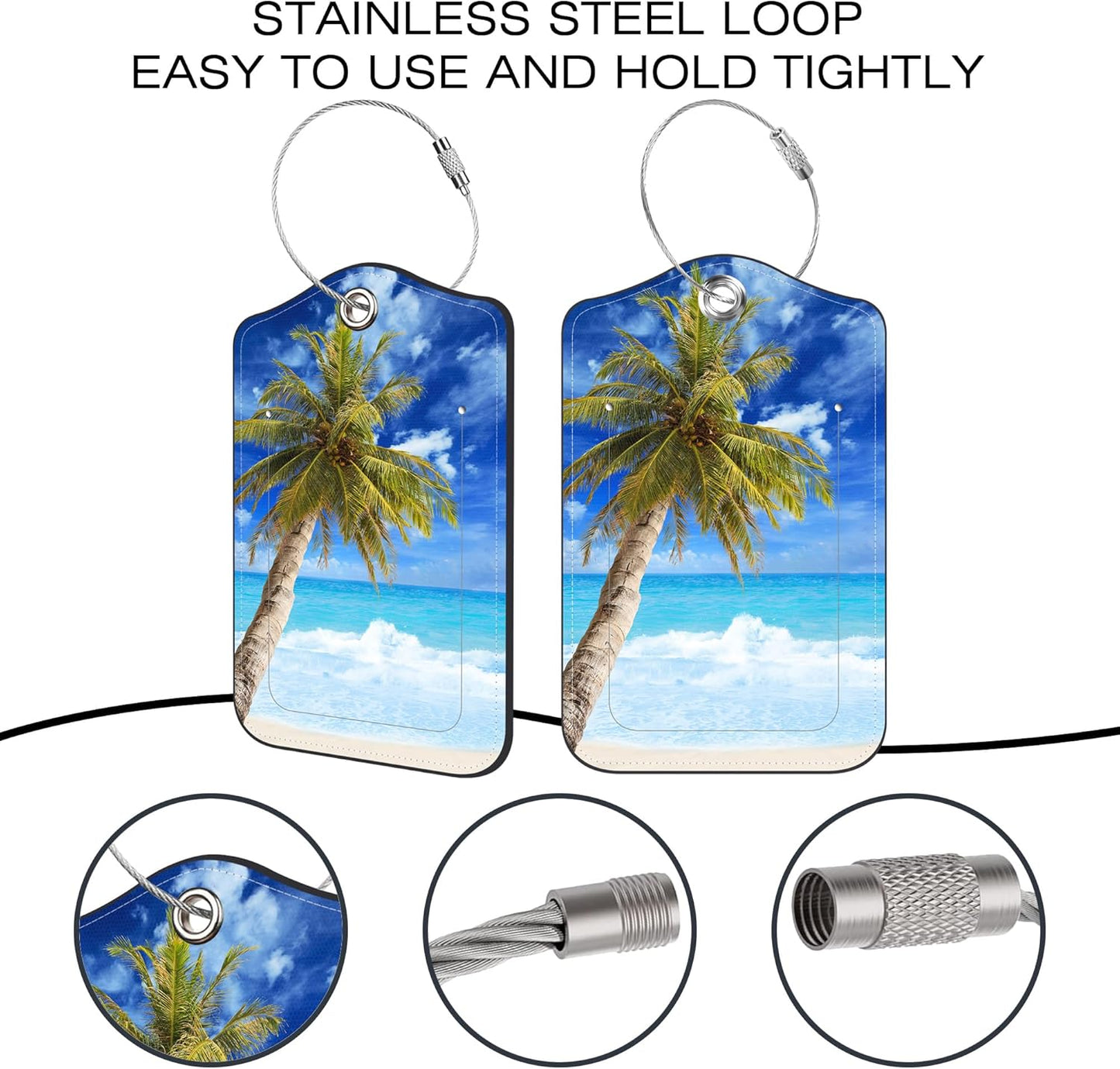 2 Pack Luggage Tags for Suitcase,Tropical Palm Trees PU Leather Idea Baggage Tag with Name Labels Privacy Cover Metal Ring Men and Women Travel Cruise Labels