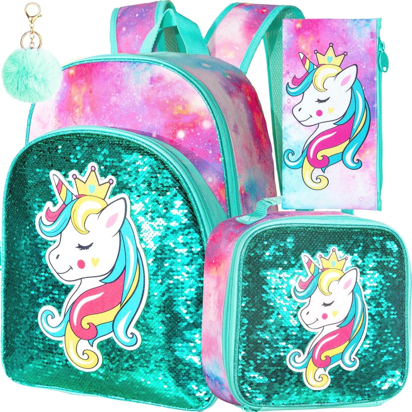 3PCS Unicorn Backpack for Girls, 16" Sequins Kids Bookbag with Lunch Box, School Bags for Elementary Preschool Kindergarten - Green