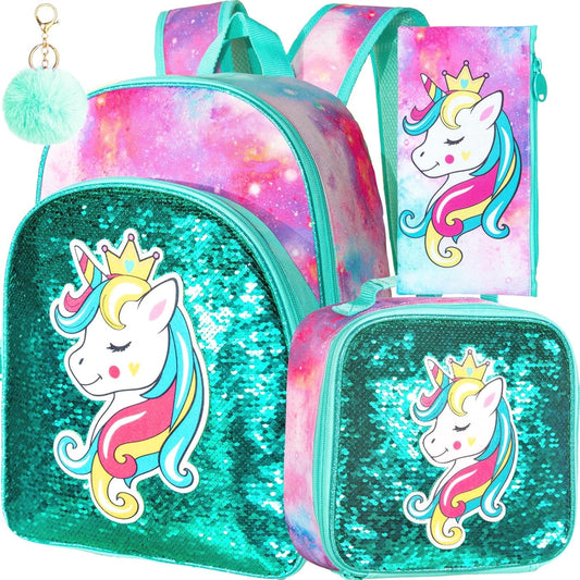 3PCS Unicorn Backpack for Girls, 16" Sequins Kids Bookbag with Lunch Box, School Bags for Elementary Preschool Kindergarten - Green