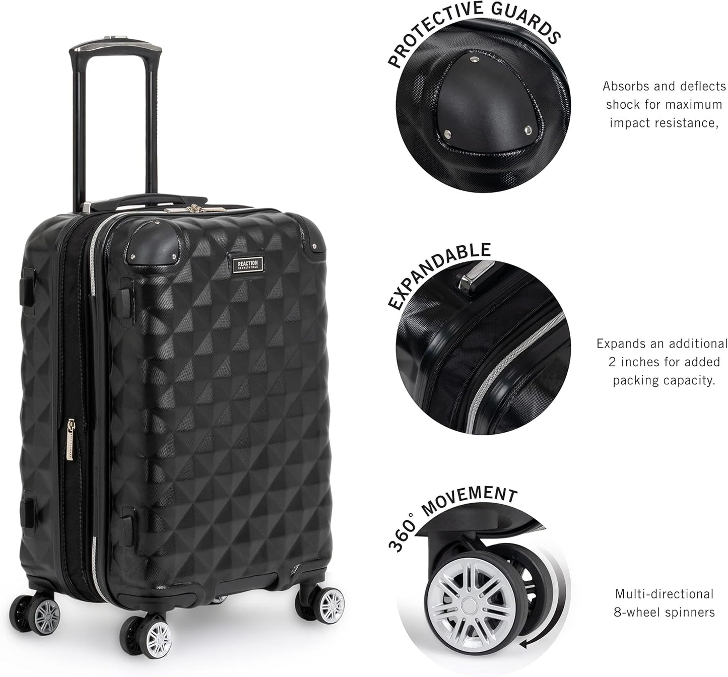 Kenneth Cole REACTION Diamond Tower Collection Lightweight Hardside Expandable 8-Wheel Spinner Travel Luggage, Black, 2-Piece Bundle (Carry On + Backpack)