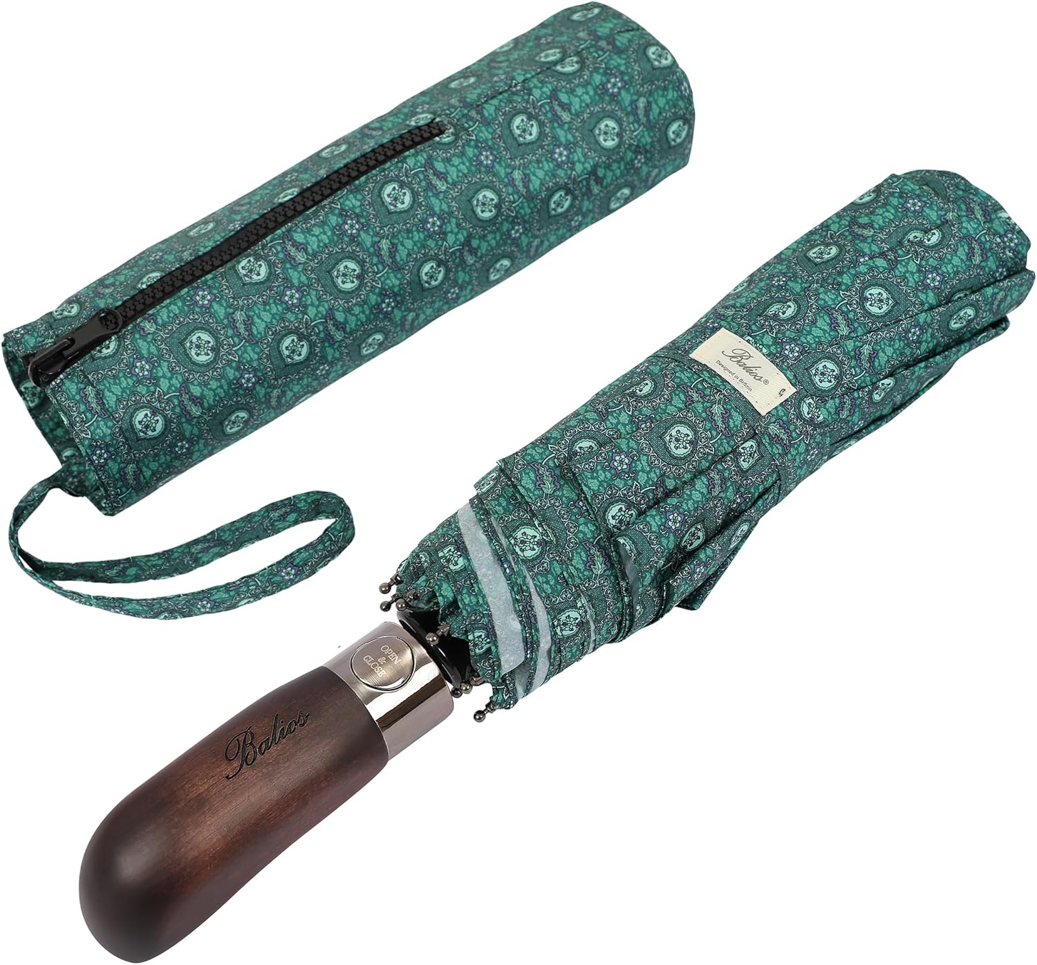 Balios Travel Folding Umbrella with Real Wood Handle Auto Open Close Vented Windproof Canopy