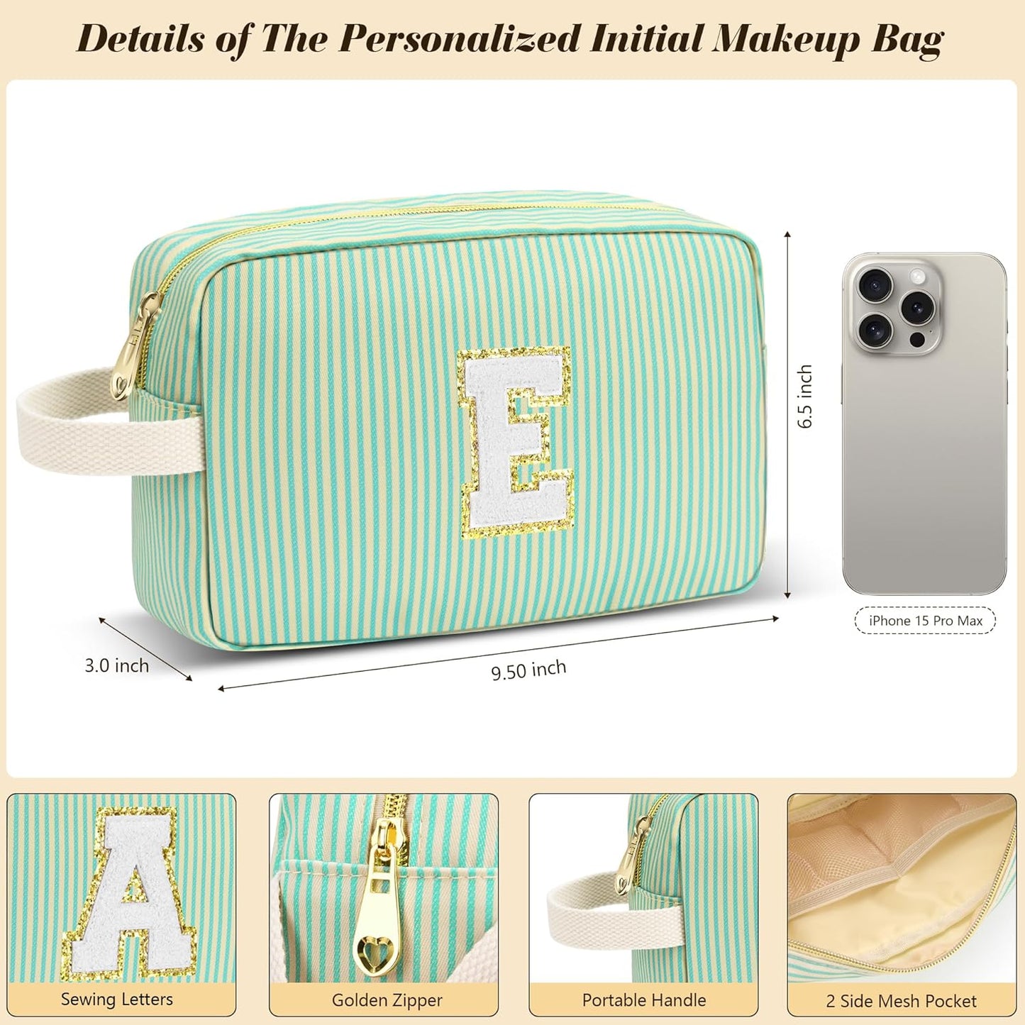 Travel Makeup Bag Christmas Gifts for Women Girl Teens, Personalized Initial Makeup Bag for Cute