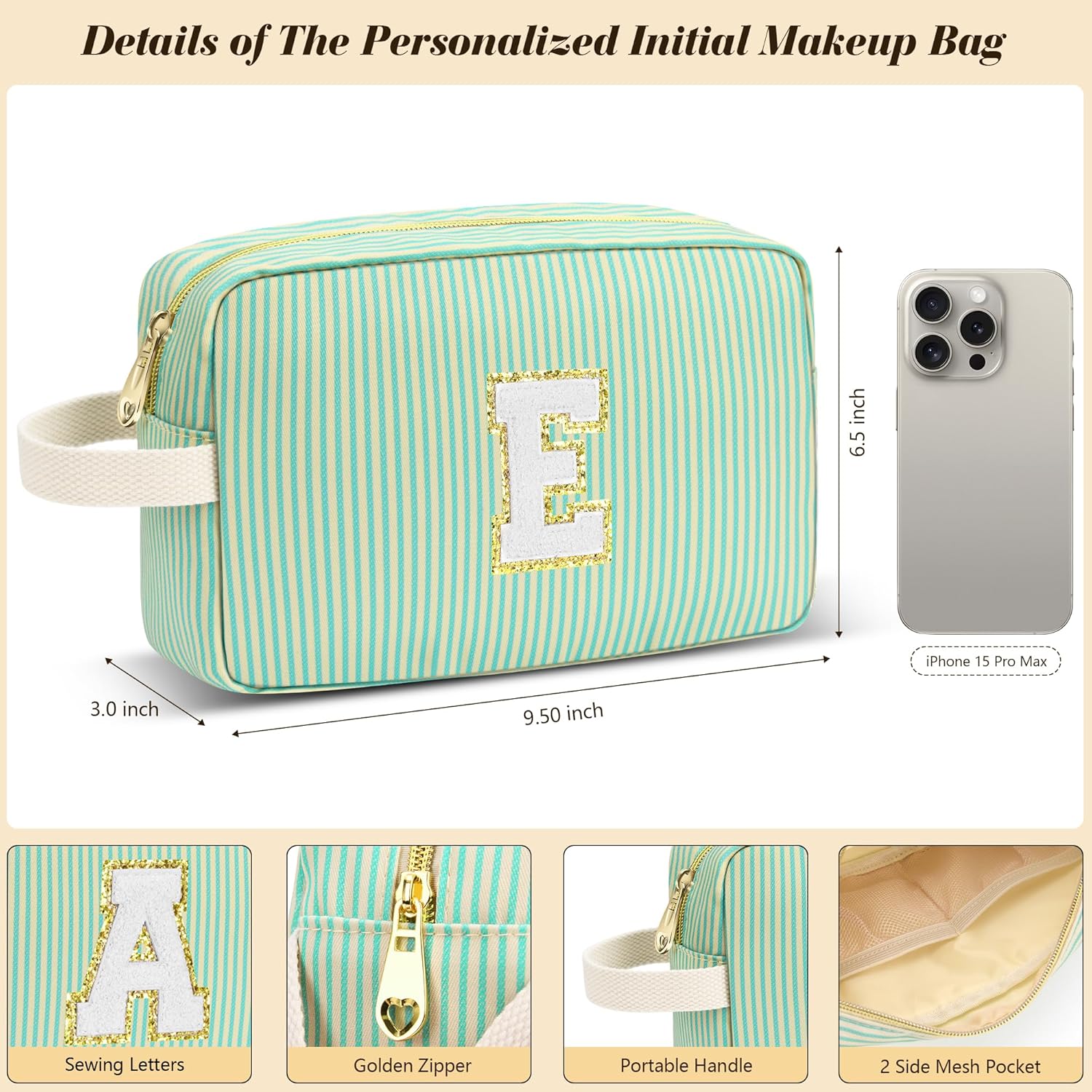 Travel Makeup Bag Christmas Gifts for Women Girl Teens, Personalized Initial Makeup Bag for Cute