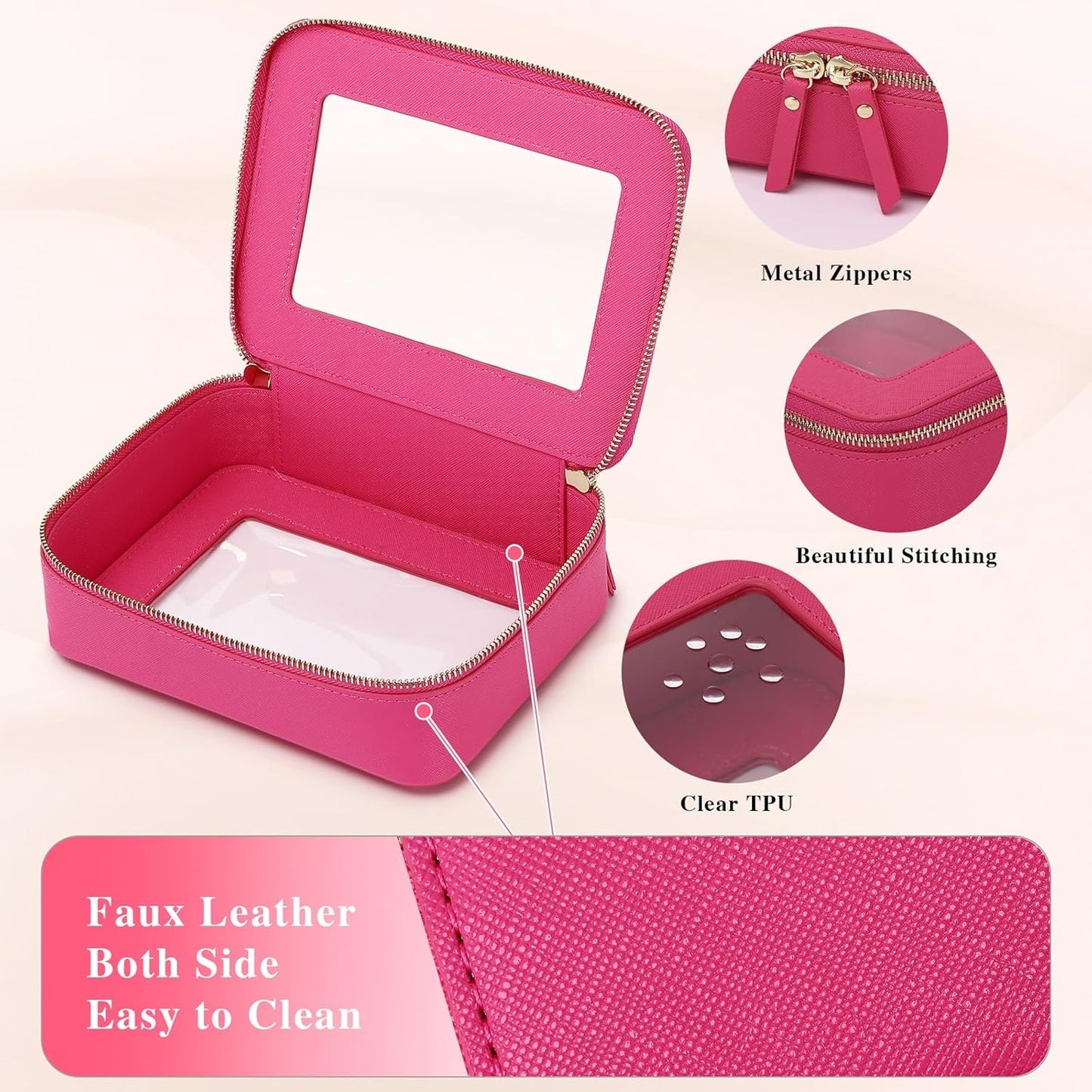 Clear Makeup Bag Set Travel Cosmetic Bag and Toiletry Bag Women's Purse Pouch Cosmetic Stroage Organizer Case with Zipper Car Essentials (Fuxia, M+Mini)