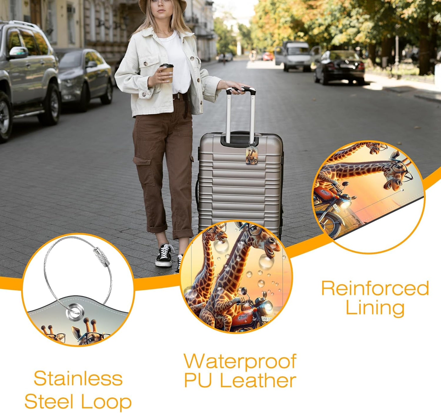 3 Pack Luggage Tags for suitcases Cute Giraffe Leather Luggage Tag, Identifiers with Privacy Name ID Label and Metal Loop for Men Women Travel Bag Suitcase
