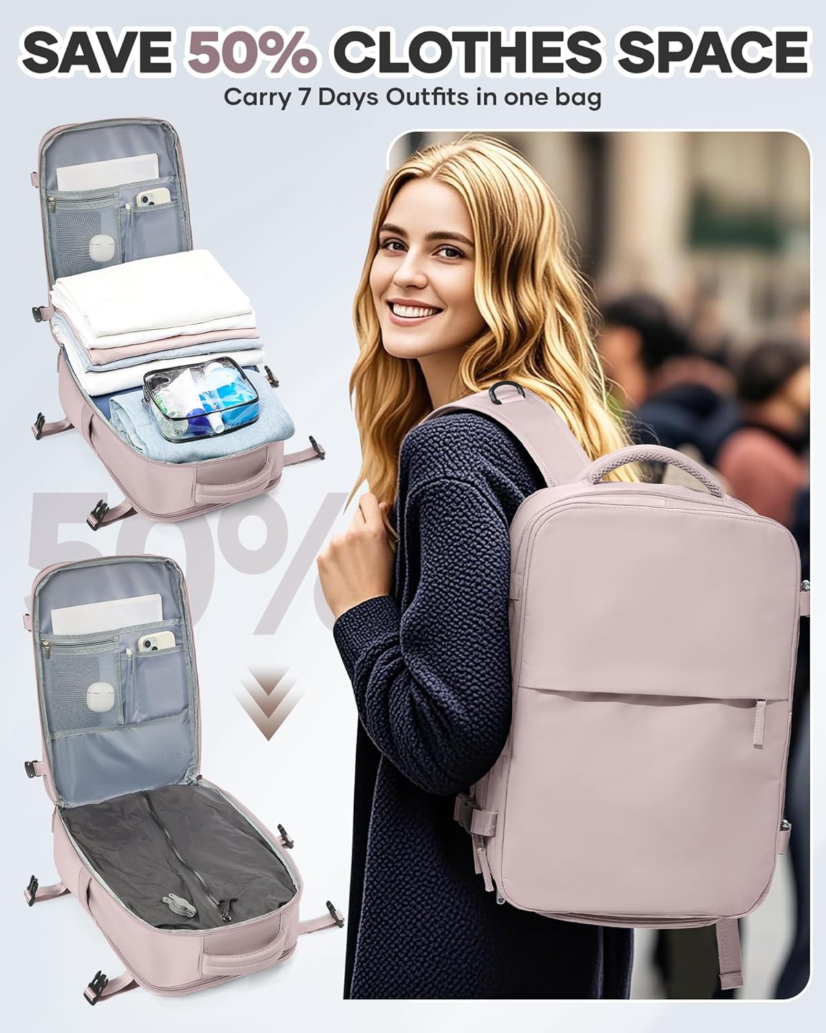 Vacuum Seal Travel Backpack with Air Pump,Compression Vacpack Waterproof Carry On Backpack for Travel Women Men with Vacuum System,Airlines Approved Daypack Laptop Space Saver Bags,PinkPurple