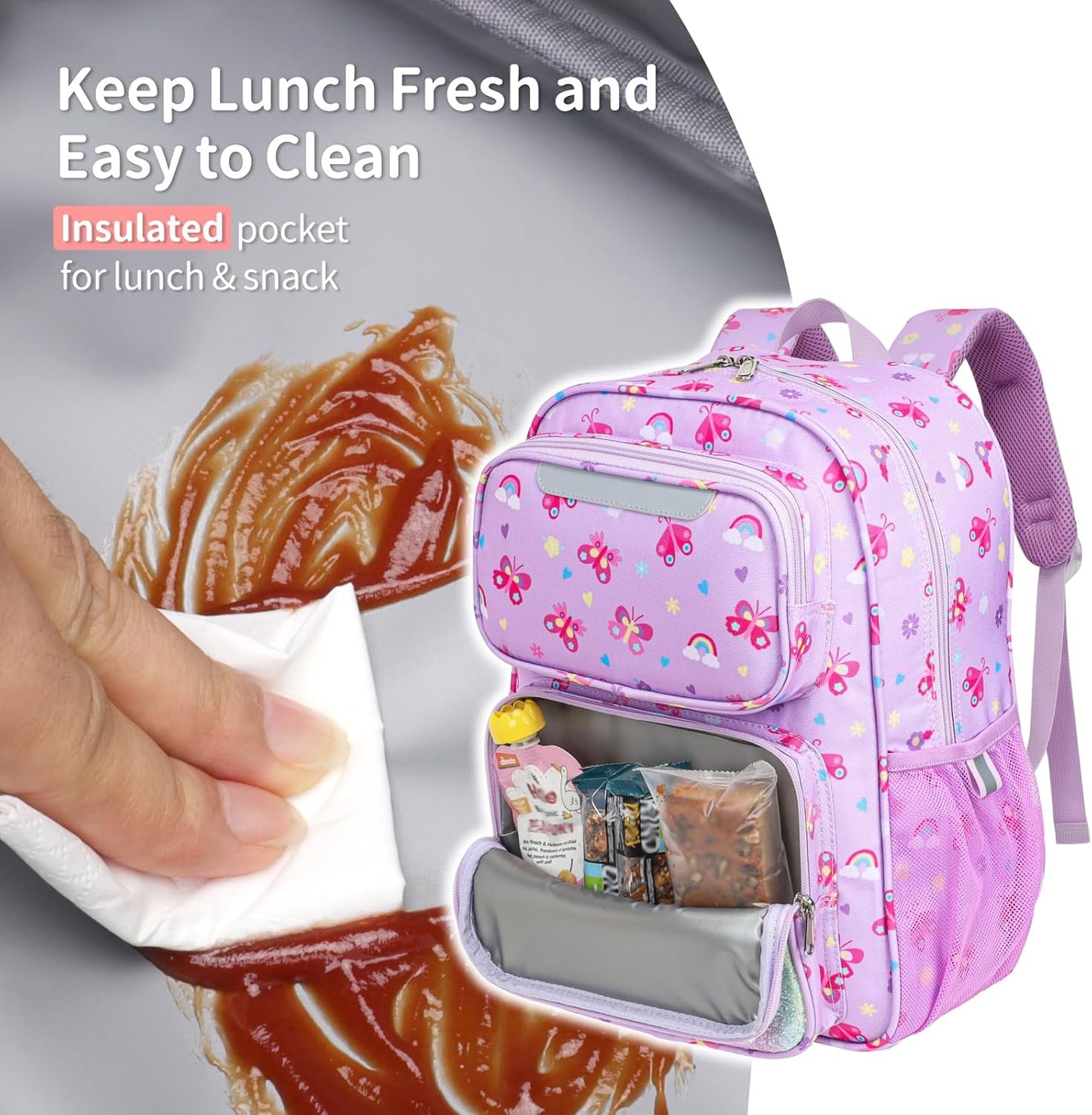 Kids Backpack for Girls - 15 Inch Backpack for Kids 3 to 8, Lightweight Bookbag for Preschool Kindergarten Elementary School, Insulated Pocket, Safe Reflective Stripe, Purple Butterfly