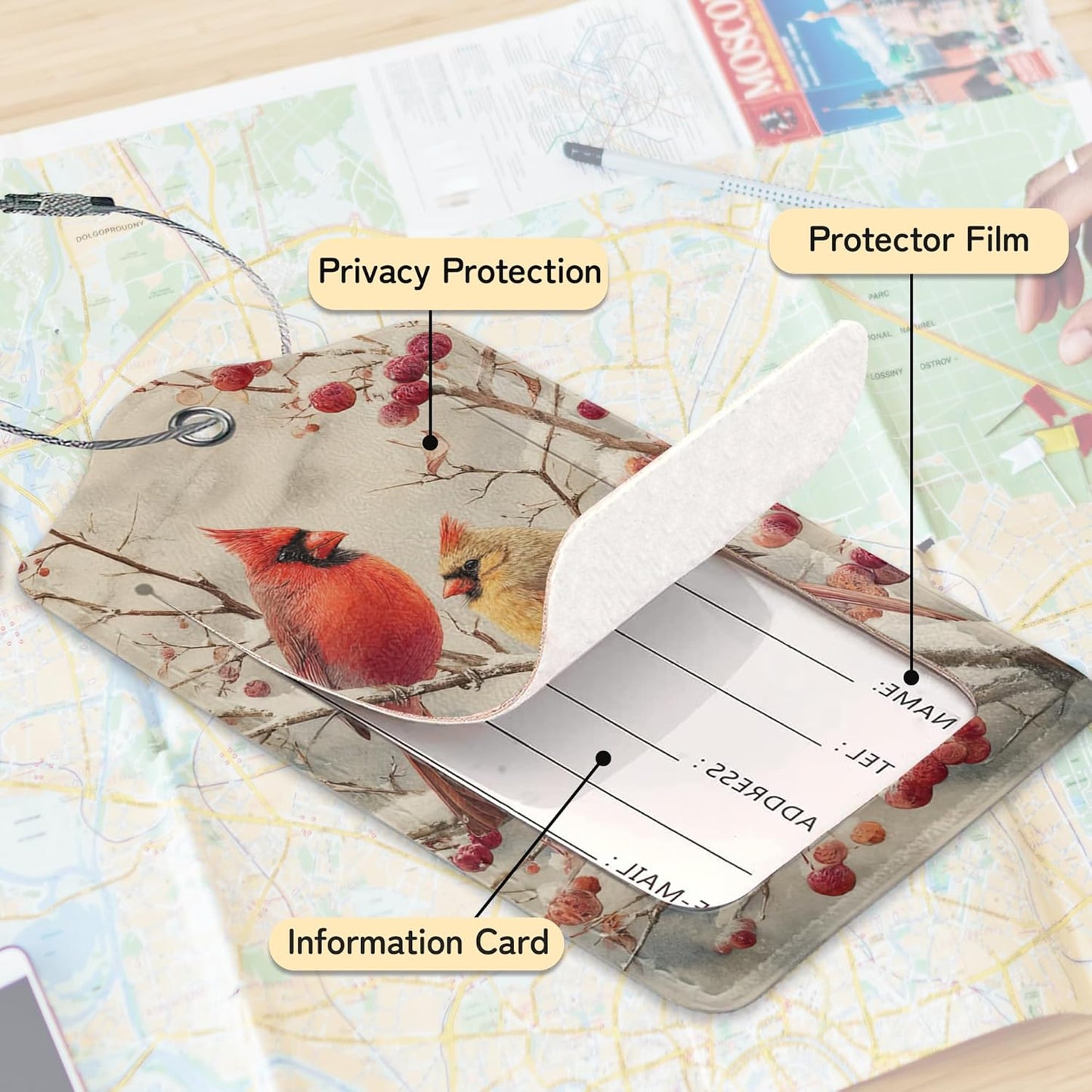 3 Pack PU Red Cardinal Birds Leahter Luggage Tag with Stainless Steel Loop,Travel Suitcase Labels with Privacy Cover ID Label Quickly Spot for Bags