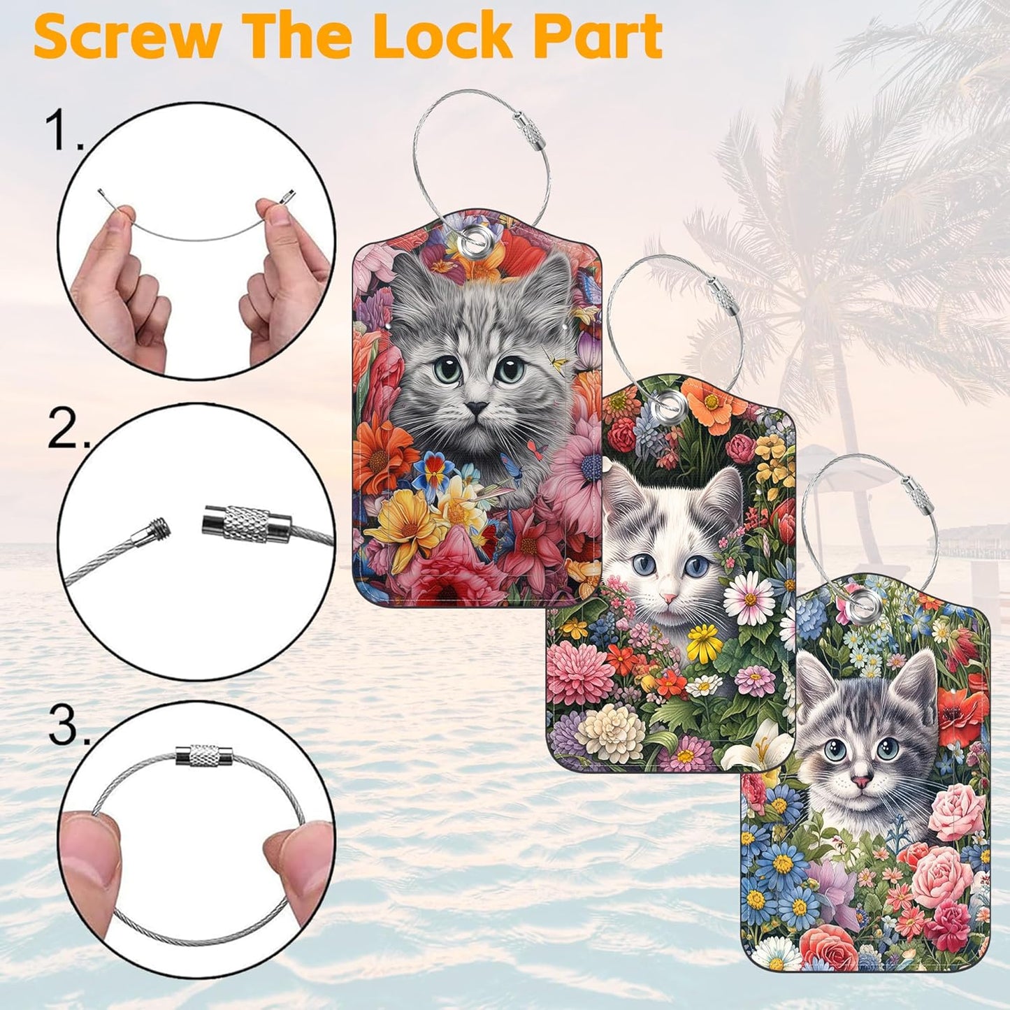 Cute Kitten Luggage Tag for Suitcase 3 Pack Cat and Flower Leather Luggage Tag with Privacy Flap Name ID Label and Metal Loop for Women Men Travel