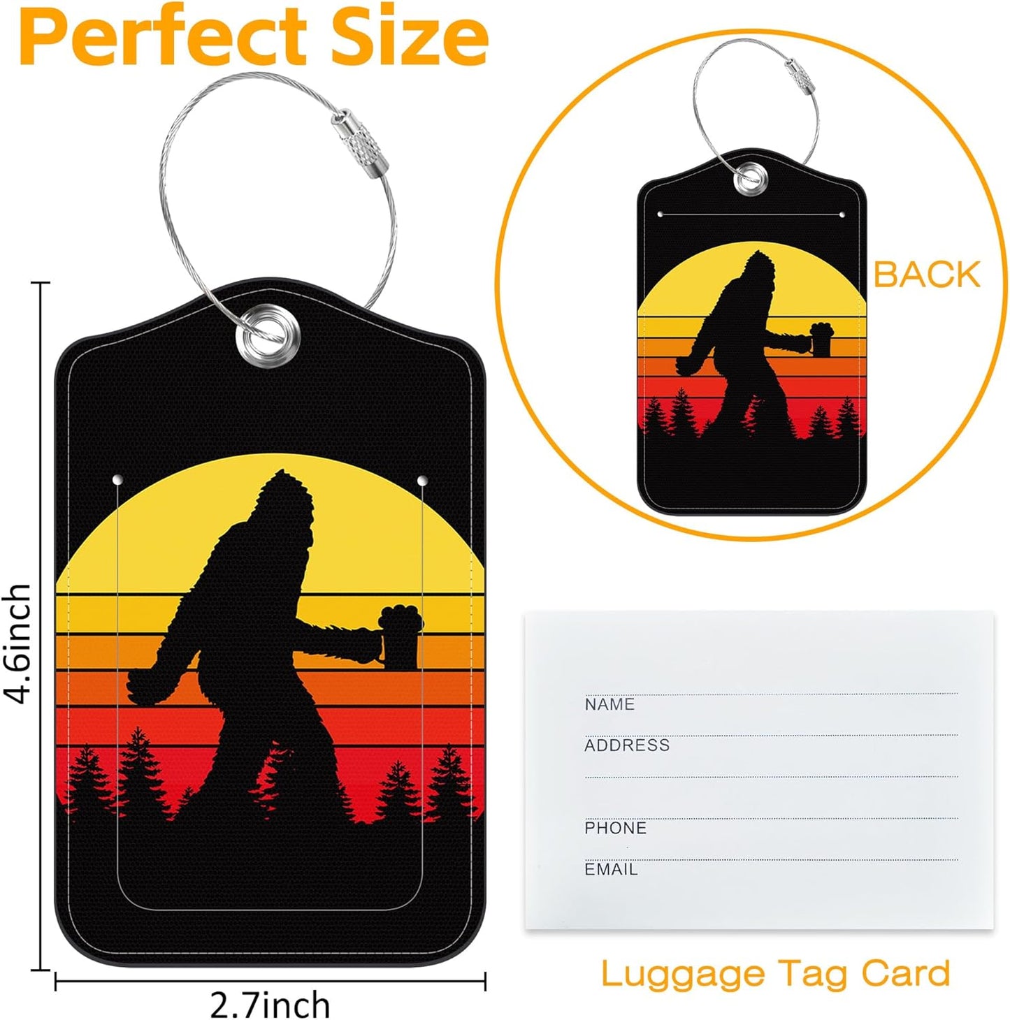 Sasquatch Luggage Tag for Suitcase 3 Pack Leather Luggage Tag with Privacy Flap Name ID Label and Metal Loop for Women Men Travel
