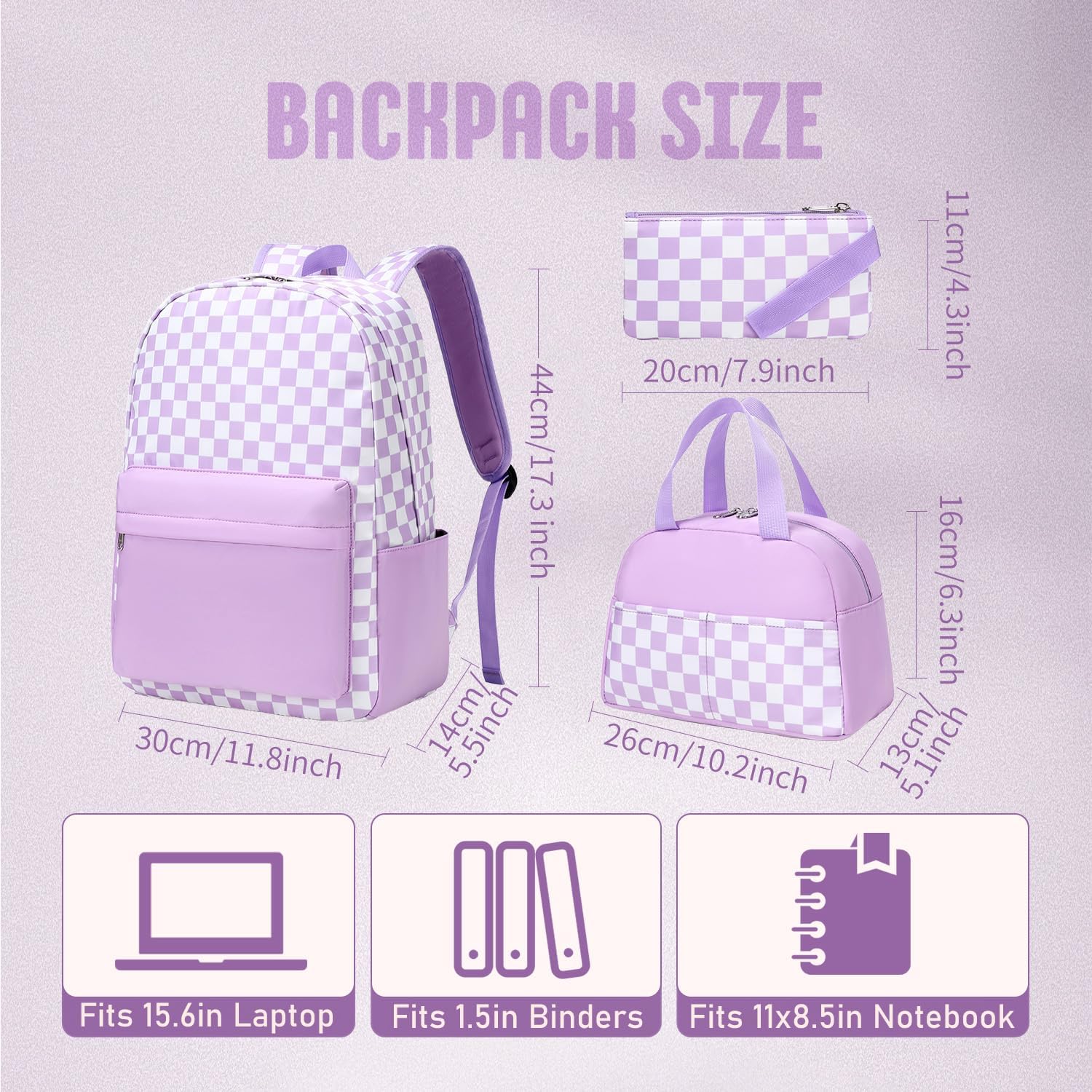 Checkered Backpack - School Backpack for Kids, Large Capacity, Waterproof, Lightweight, Black