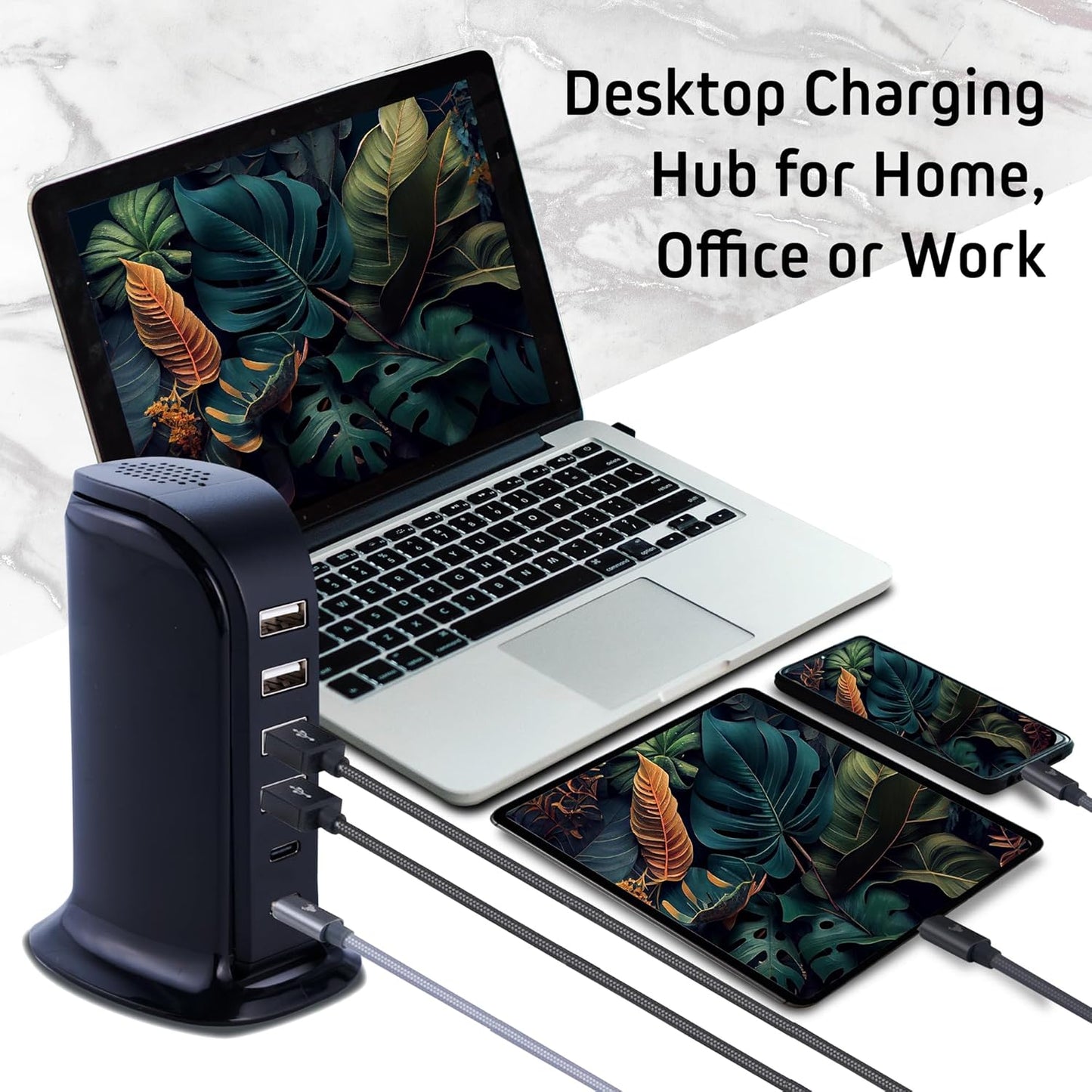 ChargeWorx Multi-Port Charger with 4 USB-A and 2 USB-C Ports, Fast Tower Charging Station, 40-Watt Output, Includes Surge Protector, Fire-Resistant Design, Compatible with iPhone and Android Devices
