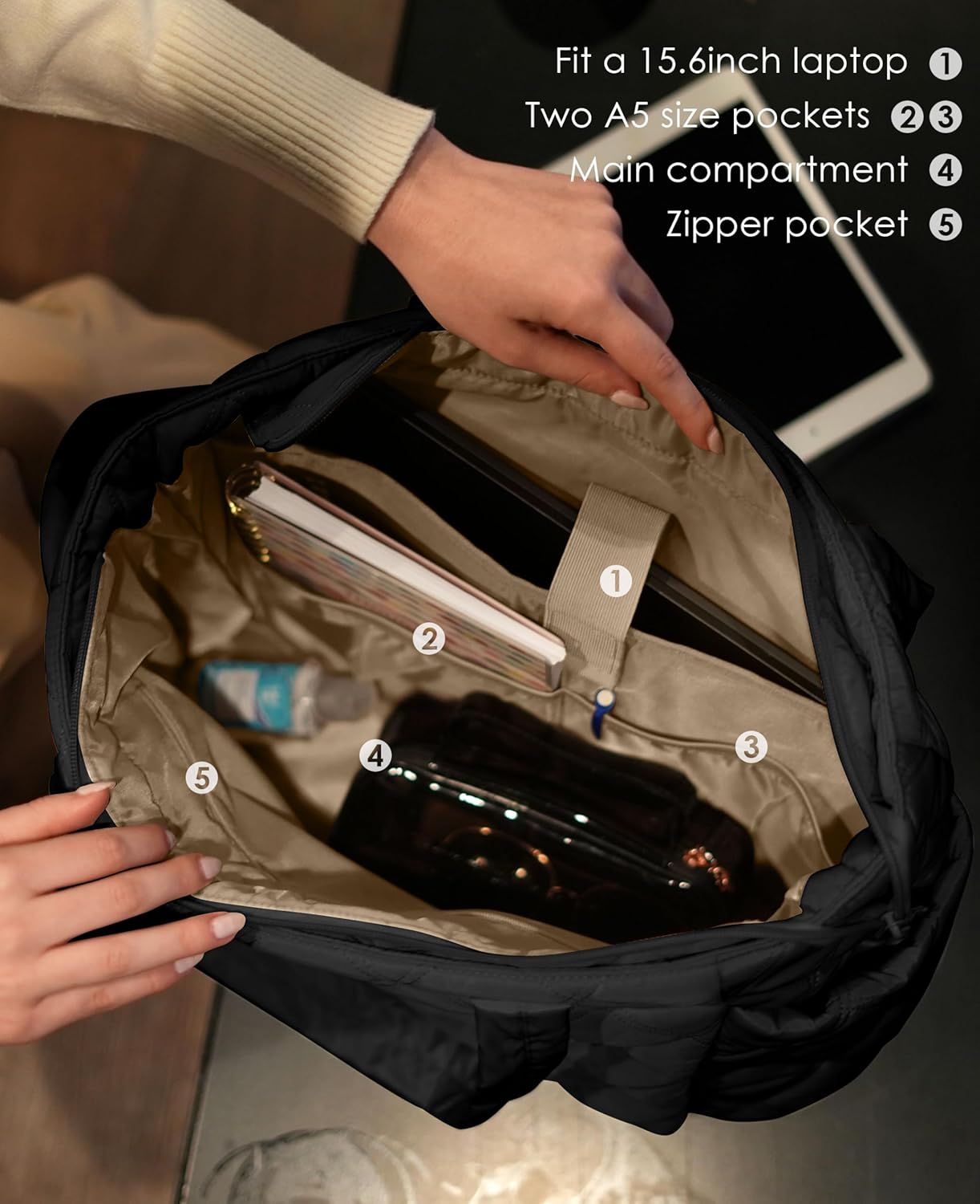 Tote Bag for Women, Lightweight Puffer Tote Work Bags with Compartments for Travel, Quilted Shoulder Bag with Zipper