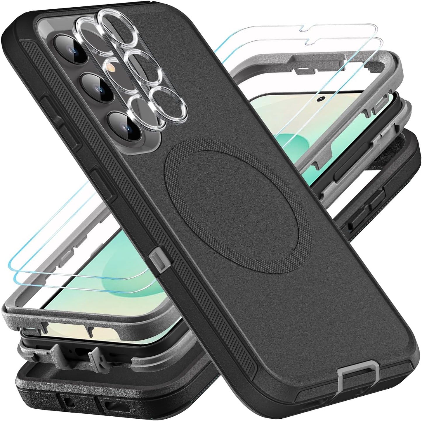 for Samsung Galaxy S25 Plus Case, Compatible with Magsafe, Military Grade 3 in 1 Heavy Duty Case with 2Pcs Tempered Glass Screen Protector & Camera Lens Protector (New-Black/Grey)